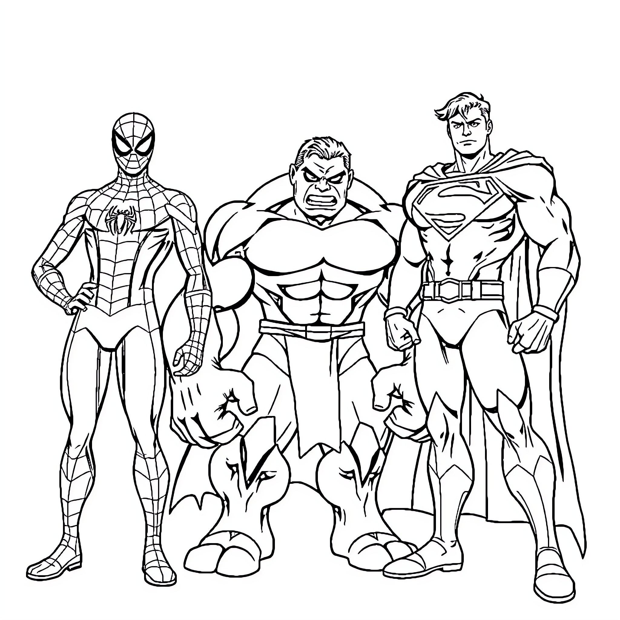 Superhero trio in action-packed poses Coloring Page (free black-and-white line drawing printable PDF for all, from beginners to advanced learners, including children, teens, adults, and seniors)