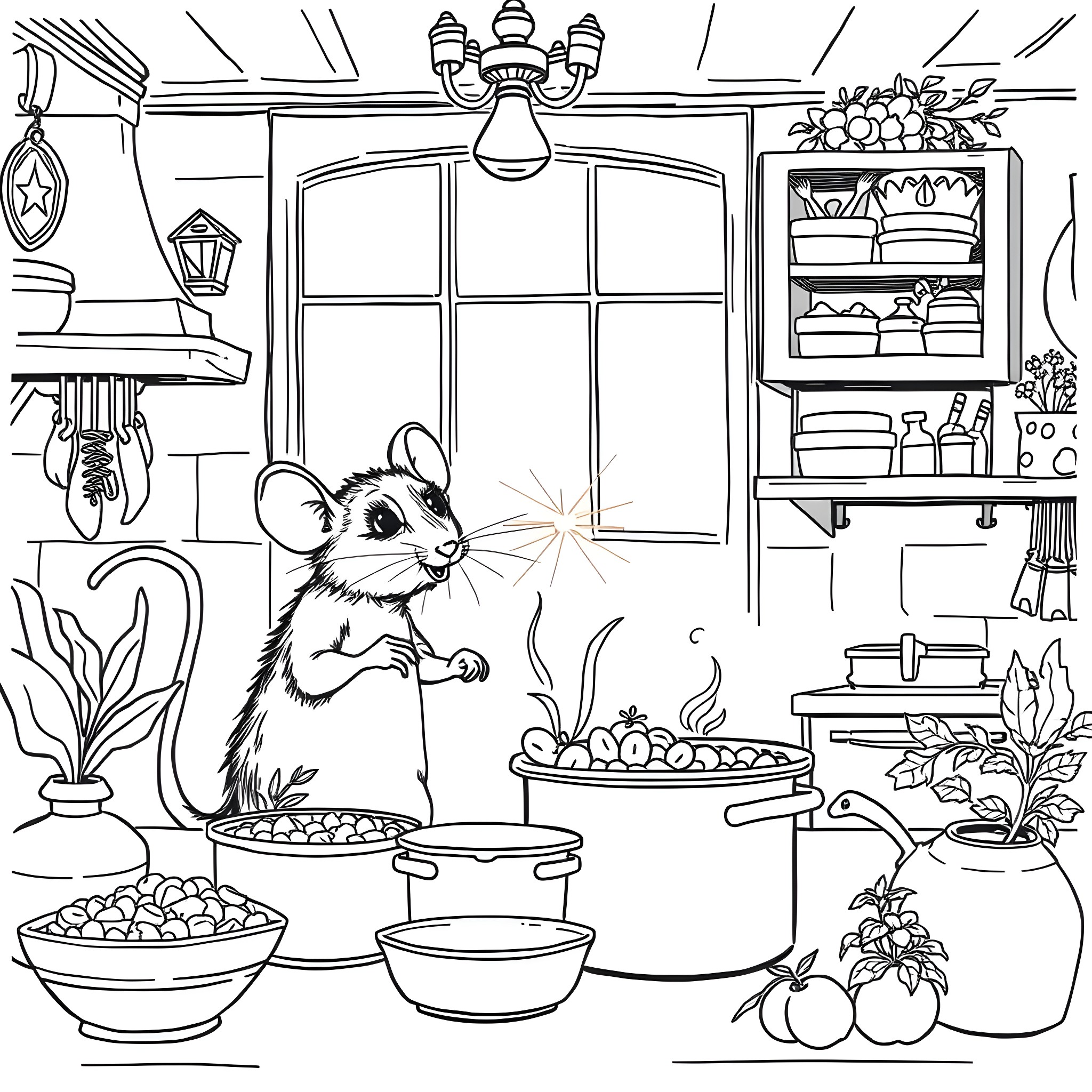 Ratatouille helping in the kitchen Coloring Page (free black-and-white line drawing printable PDF for all, from beginners to advanced learners, including children, teens, adults, and seniors)