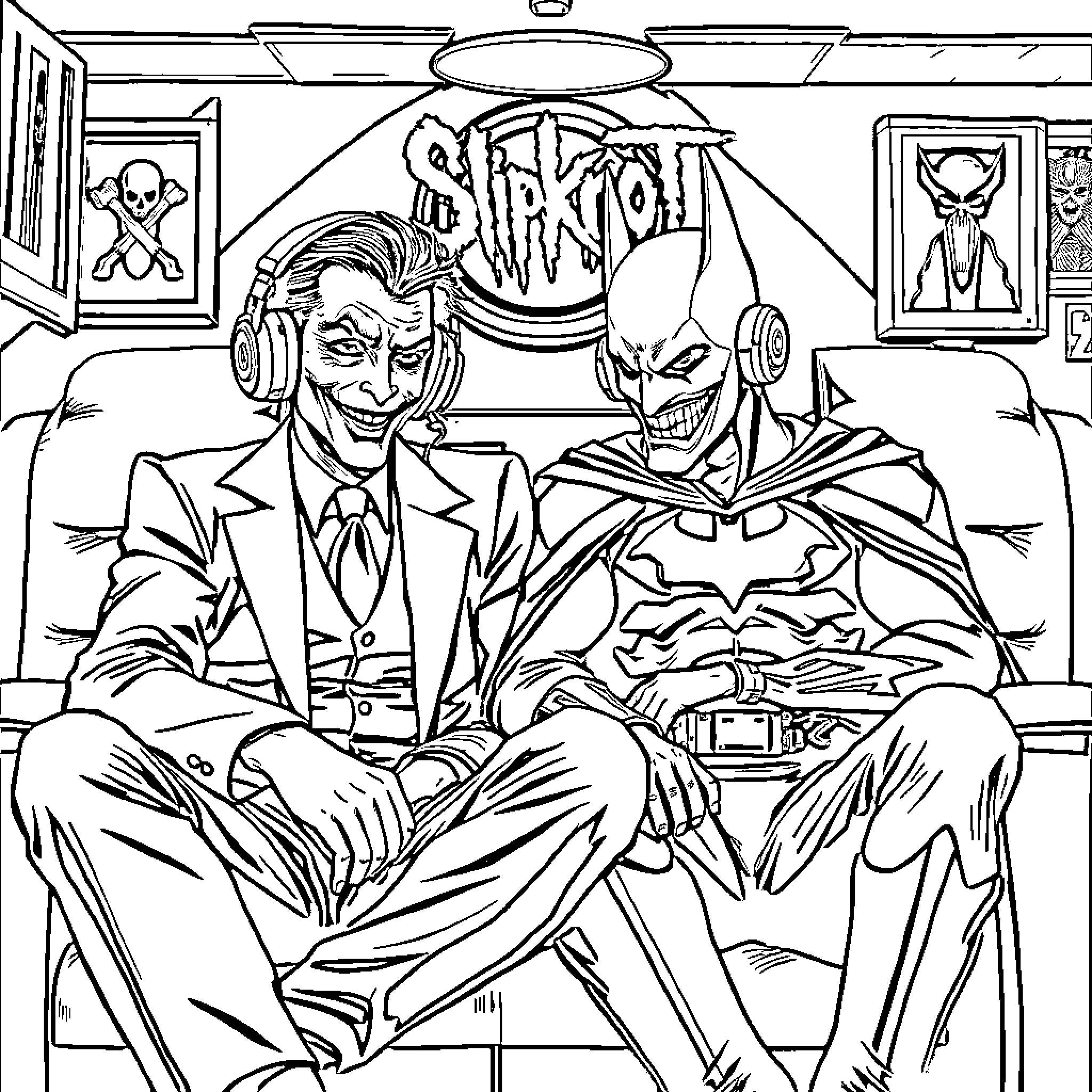 Joker and Batman: Rivals in the Shadows Coloring Page (free black-and-white line drawing printable PDF for all, from beginners to advanced learners, including children, teens, adults, and seniors)