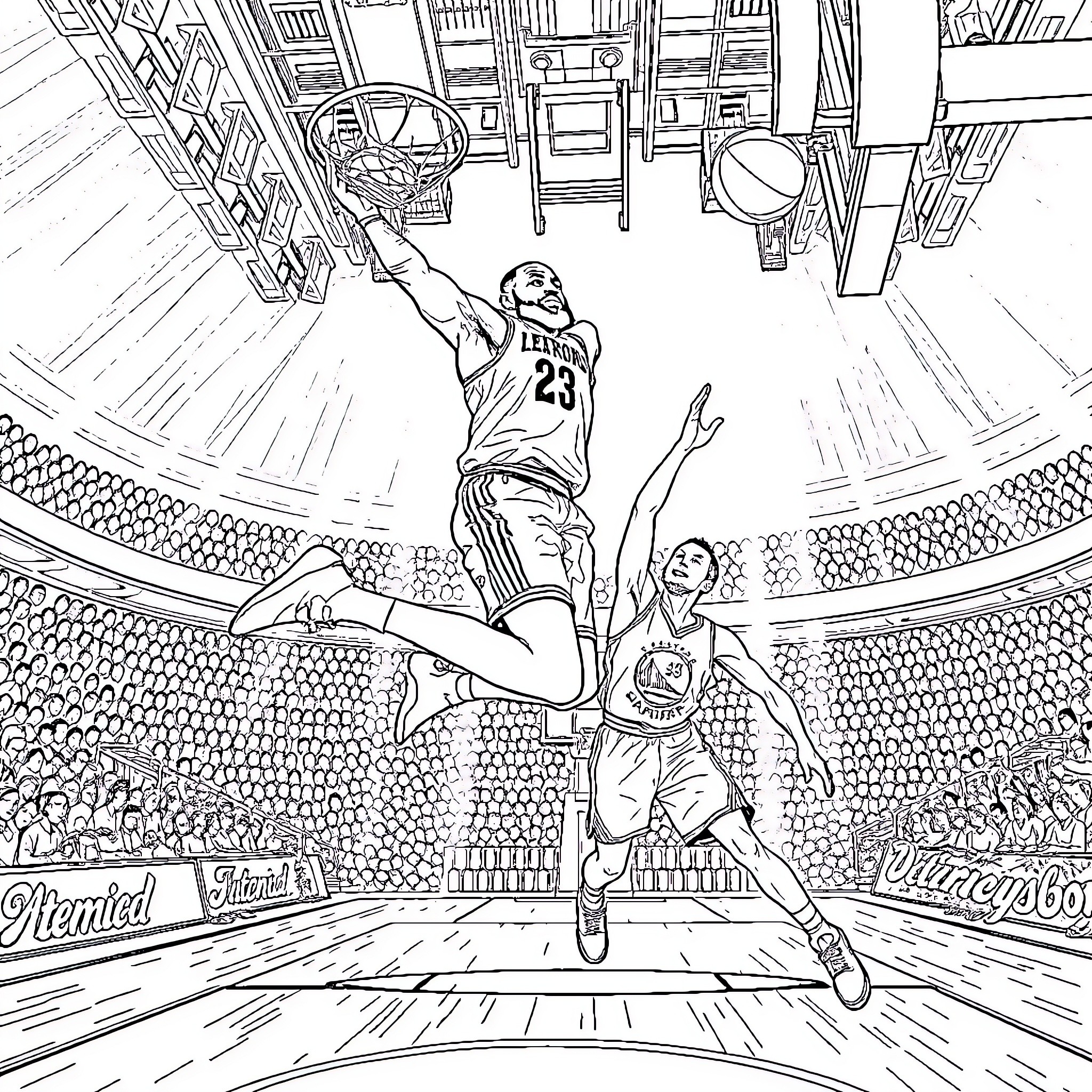 LeBron's Powerful Basketball Dunk Coloring Page (free black-and-white line drawing printable PDF for all, from beginners to advanced learners, including children, teens, adults, and seniors)