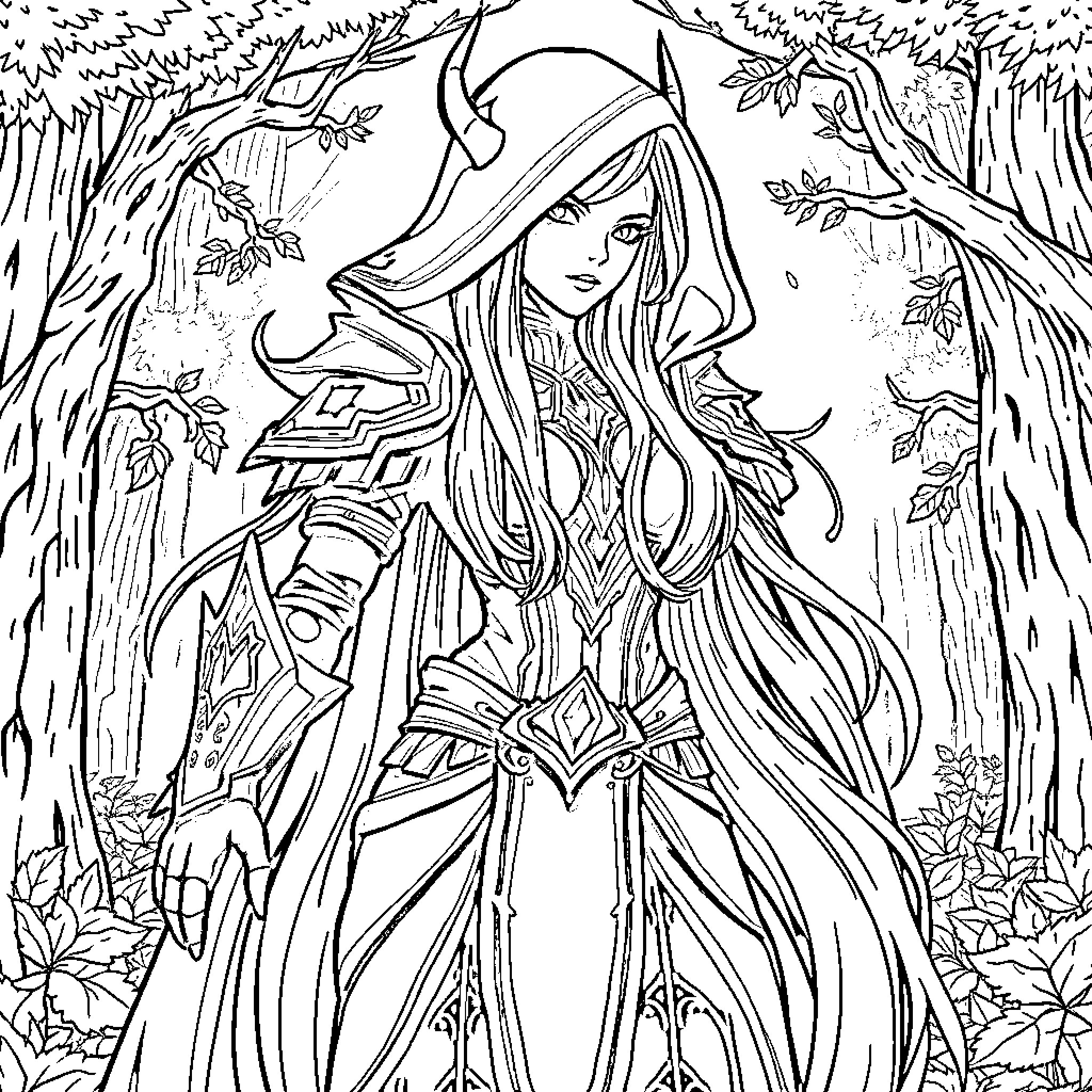 Sylvanas in the enchanted forest Coloring Page (free black-and-white line drawing printable PDF for all, from beginners to advanced learners, including children, teens, adults, and seniors)