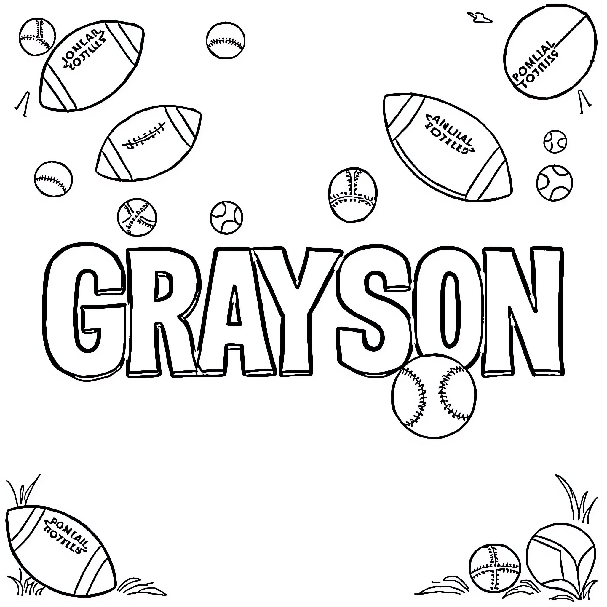 Grayson's Sports and Balls Coloring Page (free black-and-white line drawing printable PDF for all, from beginners to advanced learners, including children, teens, adults, and seniors)