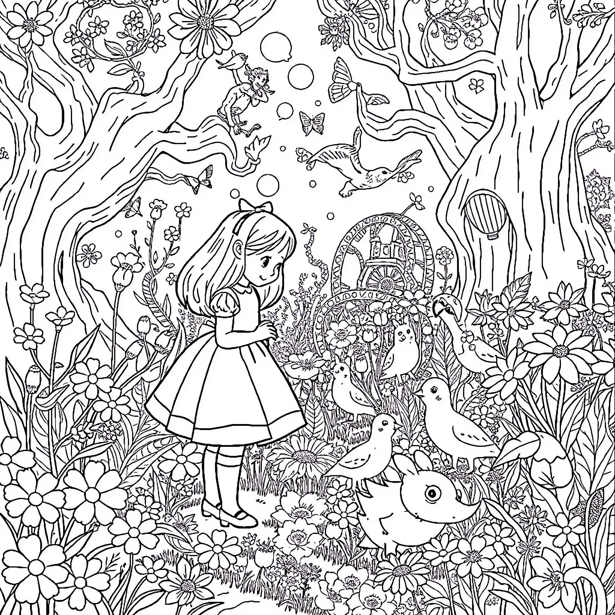 Alice's Whimsical Adventure in the Enchanted Garden Coloring Page (free black-and-white line drawing printable PDF for all, from beginners to advanced learners, including children, teens, adults, and seniors)