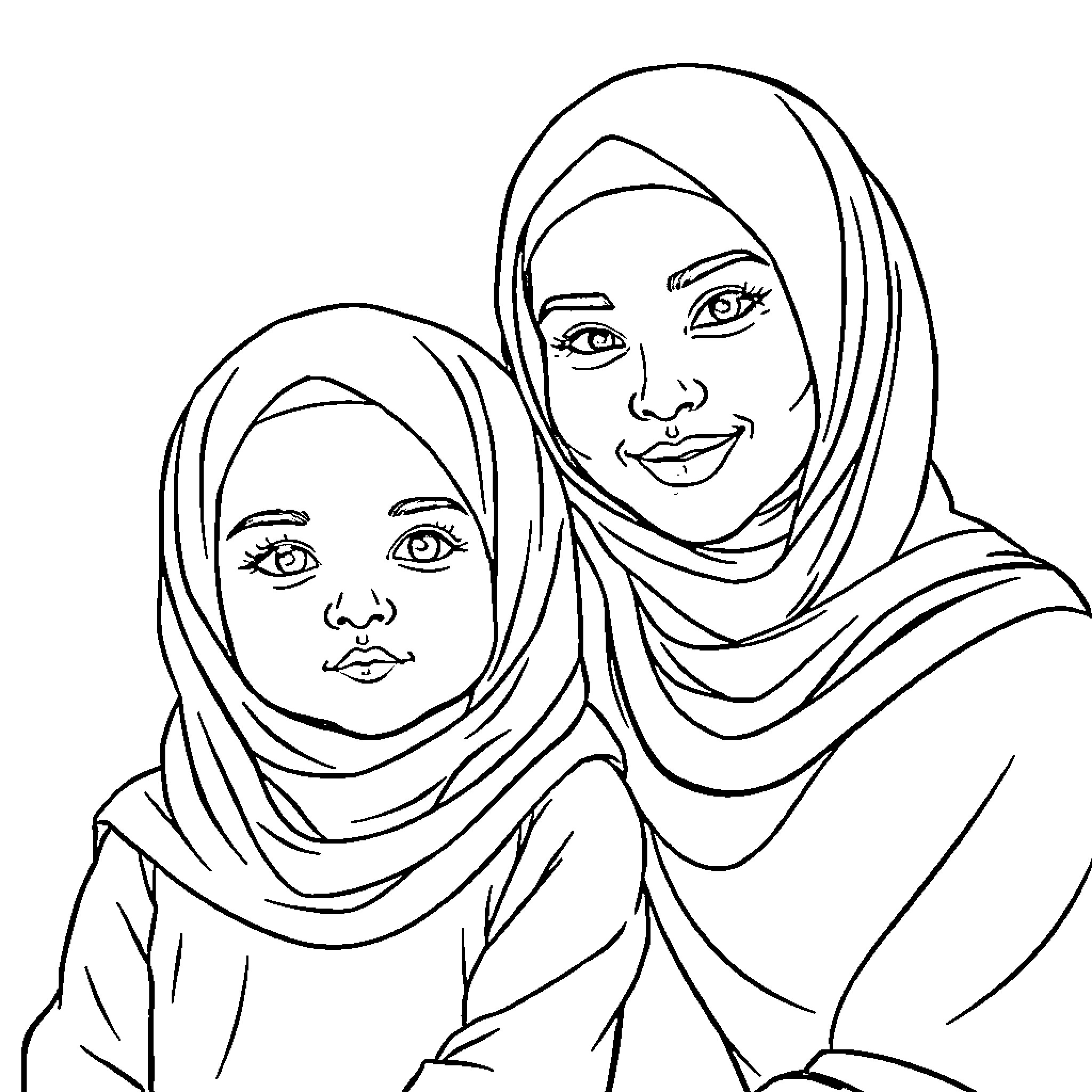 Hijab-Wearing Women Smiling and Posing Together Coloring Page (free black-and-white line drawing printable PDF for all, from beginners to advanced learners, including children, teens, adults, and seniors)