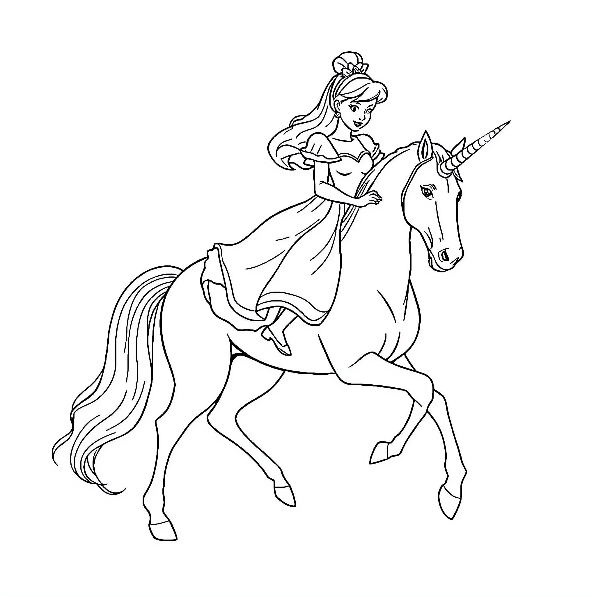 Cinderella riding a magical unicorn Coloring Page (free black-and-white line drawing printable PDF for all, from beginners to advanced learners, including children, teens, adults, and seniors)