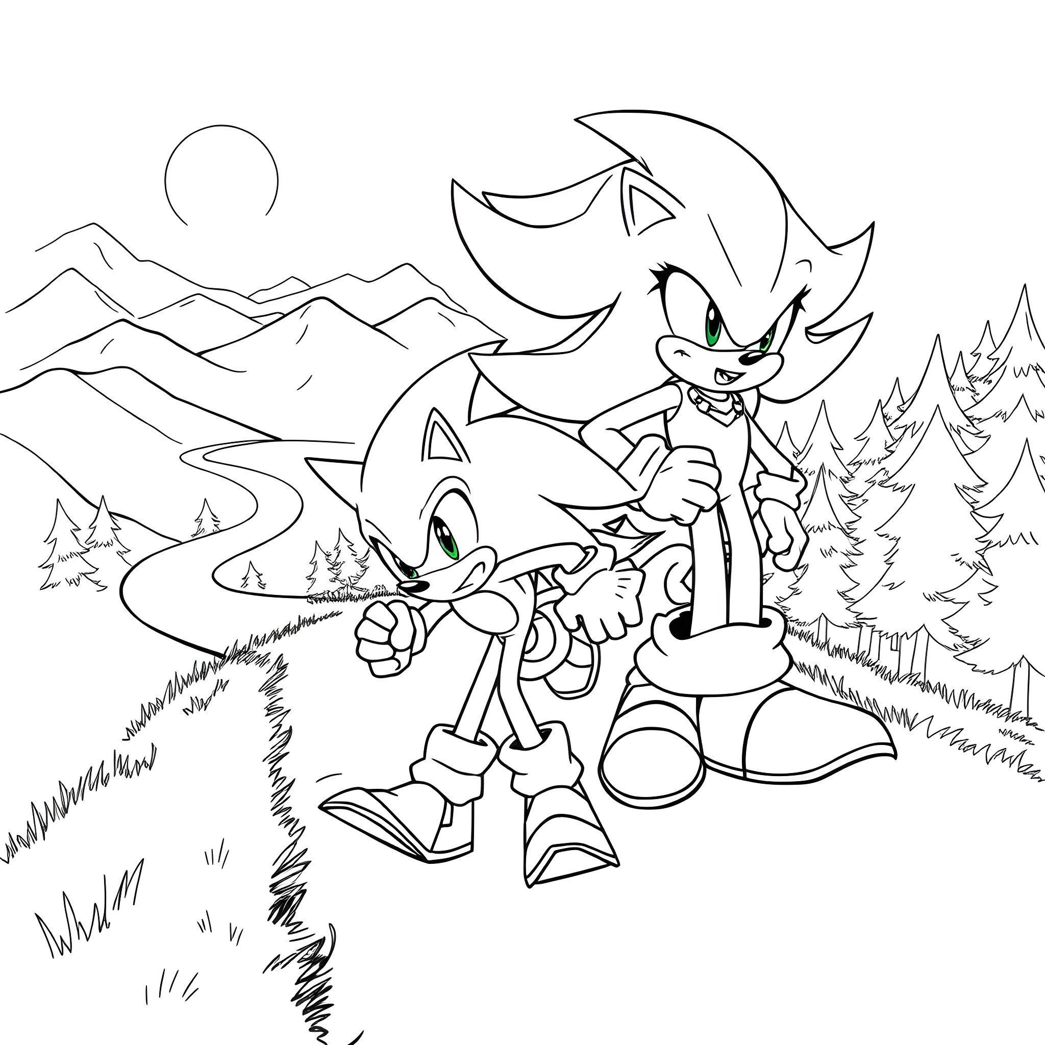 Hedgehog characters exploring scenic landscape Coloring Page (free black-and-white line drawing printable PDF for all, from beginners to advanced learners, including children, teens, adults, and seniors)