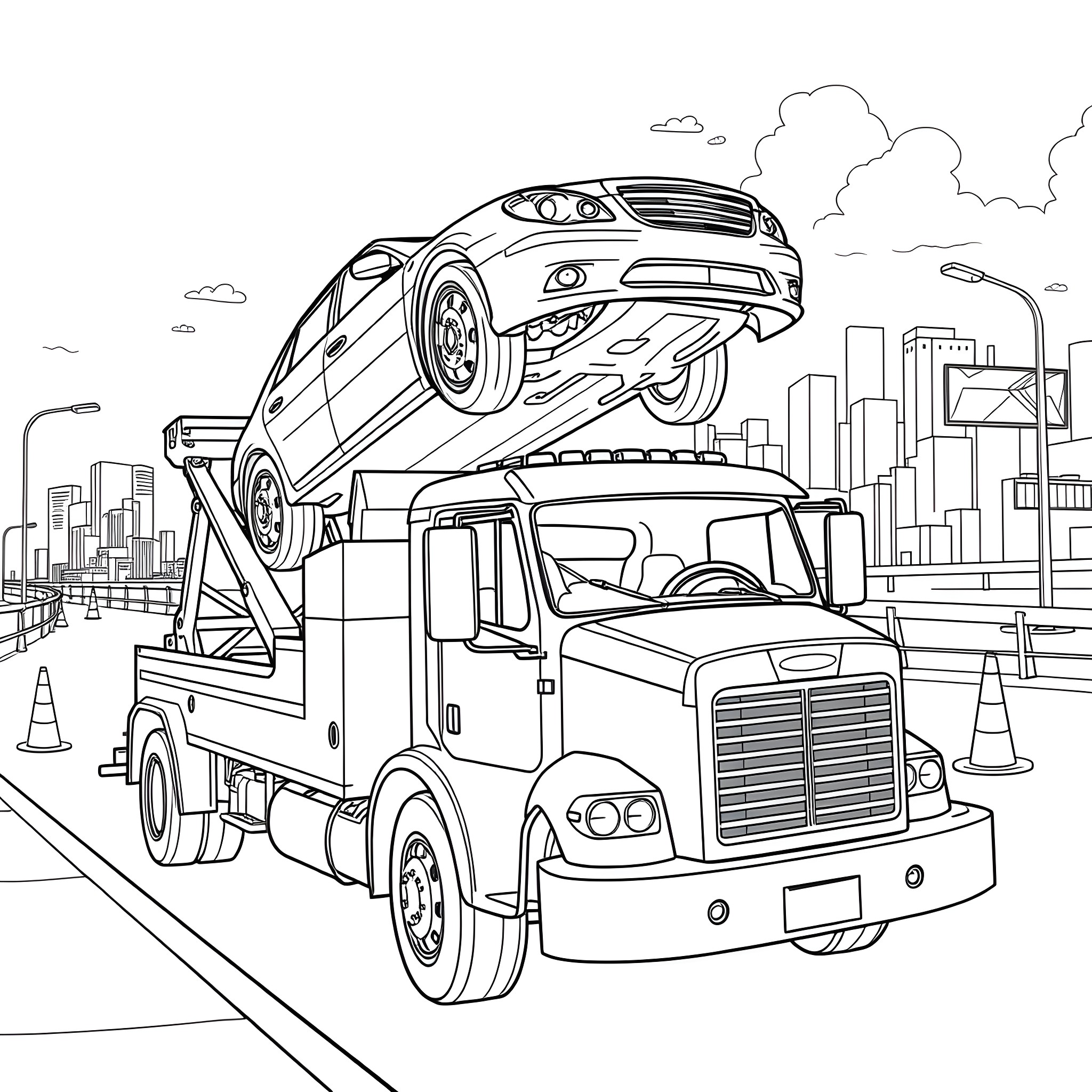 Tow Truck Lifting a Car on City Street Coloring Page (free black-and-white line drawing printable PDF for all, from beginners to advanced learners, including children, teens, adults, and seniors)
