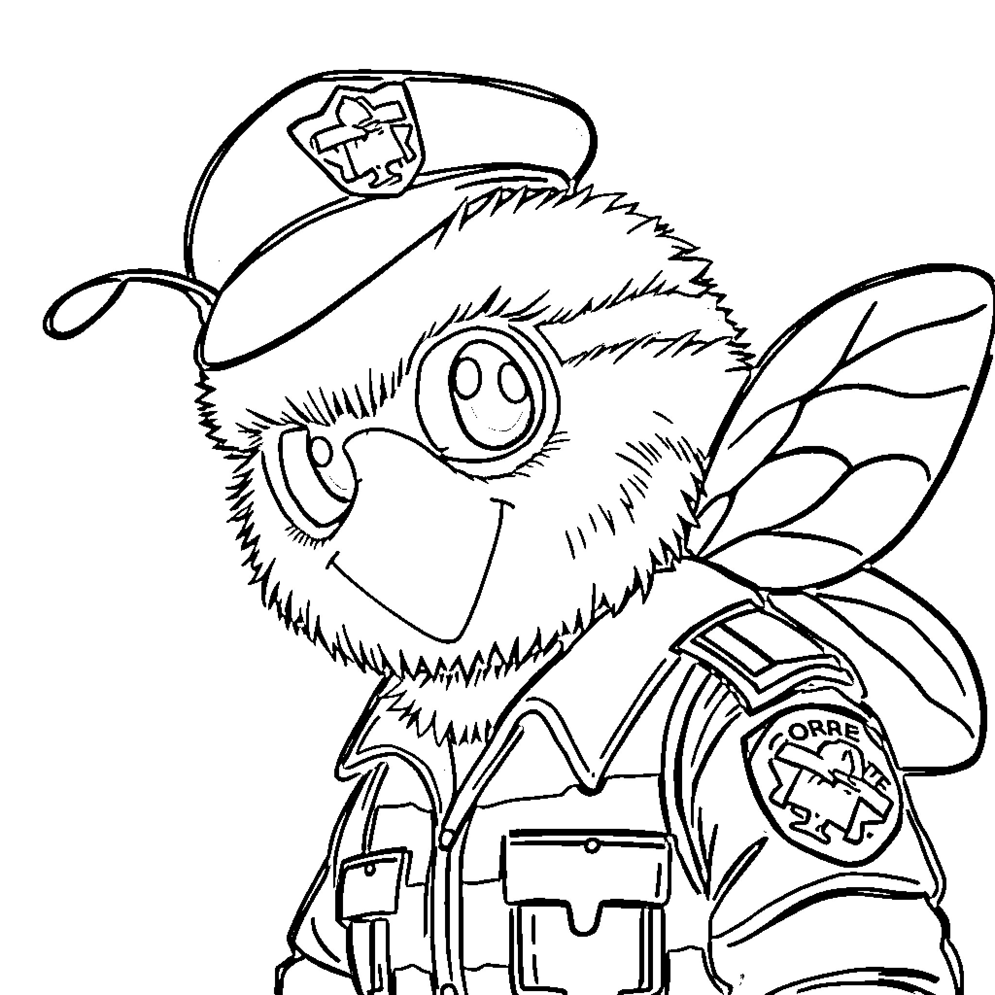 Bumble Bee in Police Uniform Smiling Happily Coloring Page (free black-and-white line drawing printable PDF for all, from beginners to advanced learners, including children, teens, adults, and seniors)