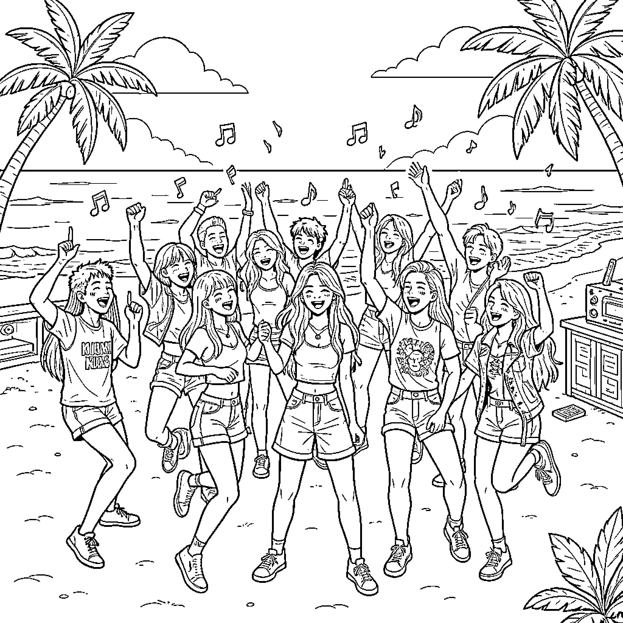 K Pop group dancing joyfully on a tropical beach Coloring Page (free black-and-white line drawing printable PDF for all, from beginners to advanced learners, including children, teens, adults, and seniors)
