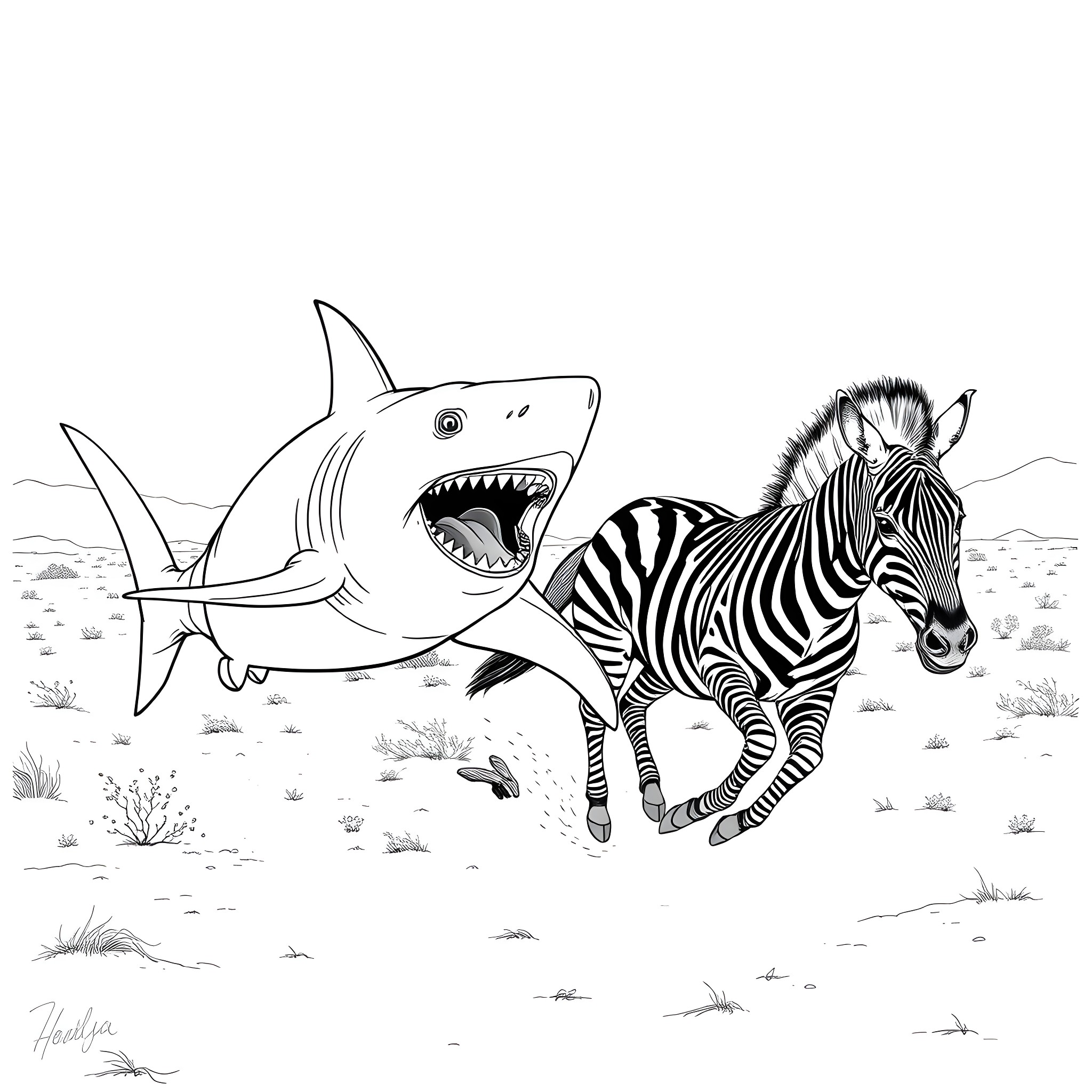 Shark chasing zebra in the wild Coloring Page (free black-and-white line drawing printable PDF for all, from beginners to advanced learners, including children, teens, adults, and seniors)