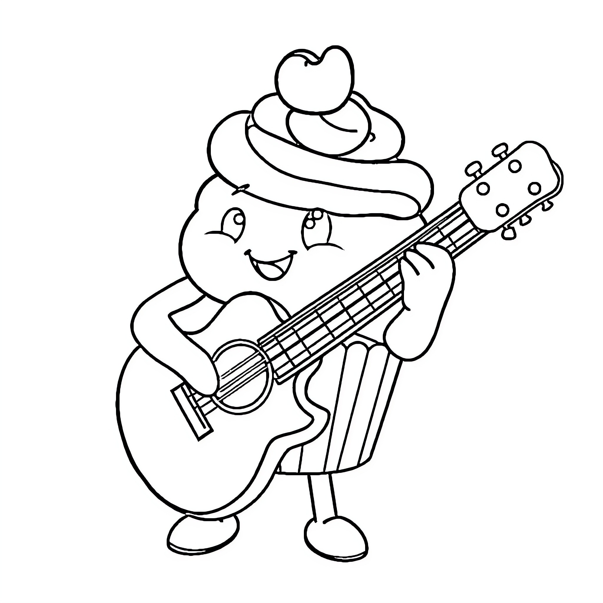 Cupcake playing guitar happily Coloring Page (free black-and-white line drawing printable PDF for all, from beginners to advanced learners, including children, teens, adults, and seniors)