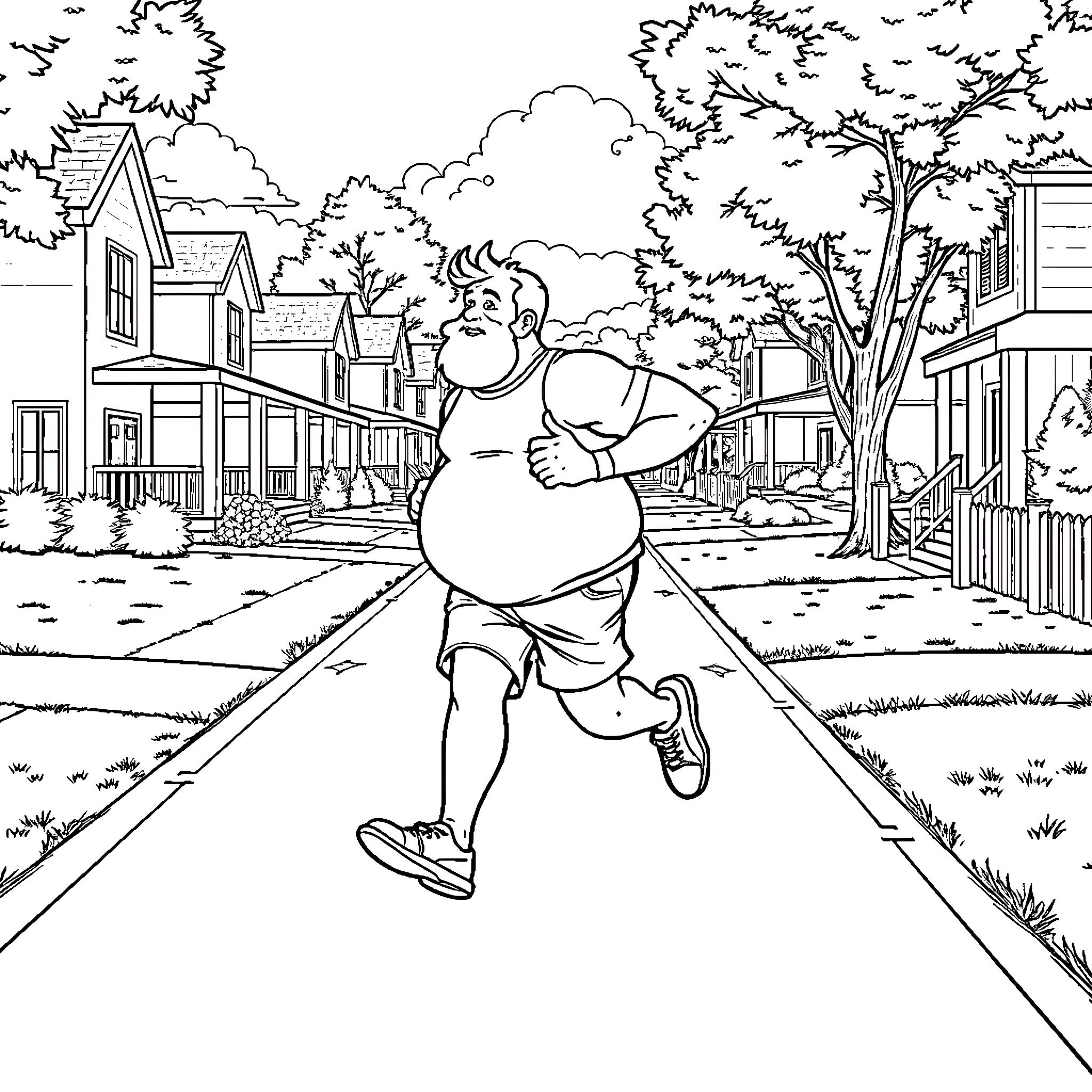 Man running on sidewalk in neighborhood Coloring Page (free black-and-white line drawing printable PDF for all, from beginners to advanced learners, including children, teens, adults, and seniors)
