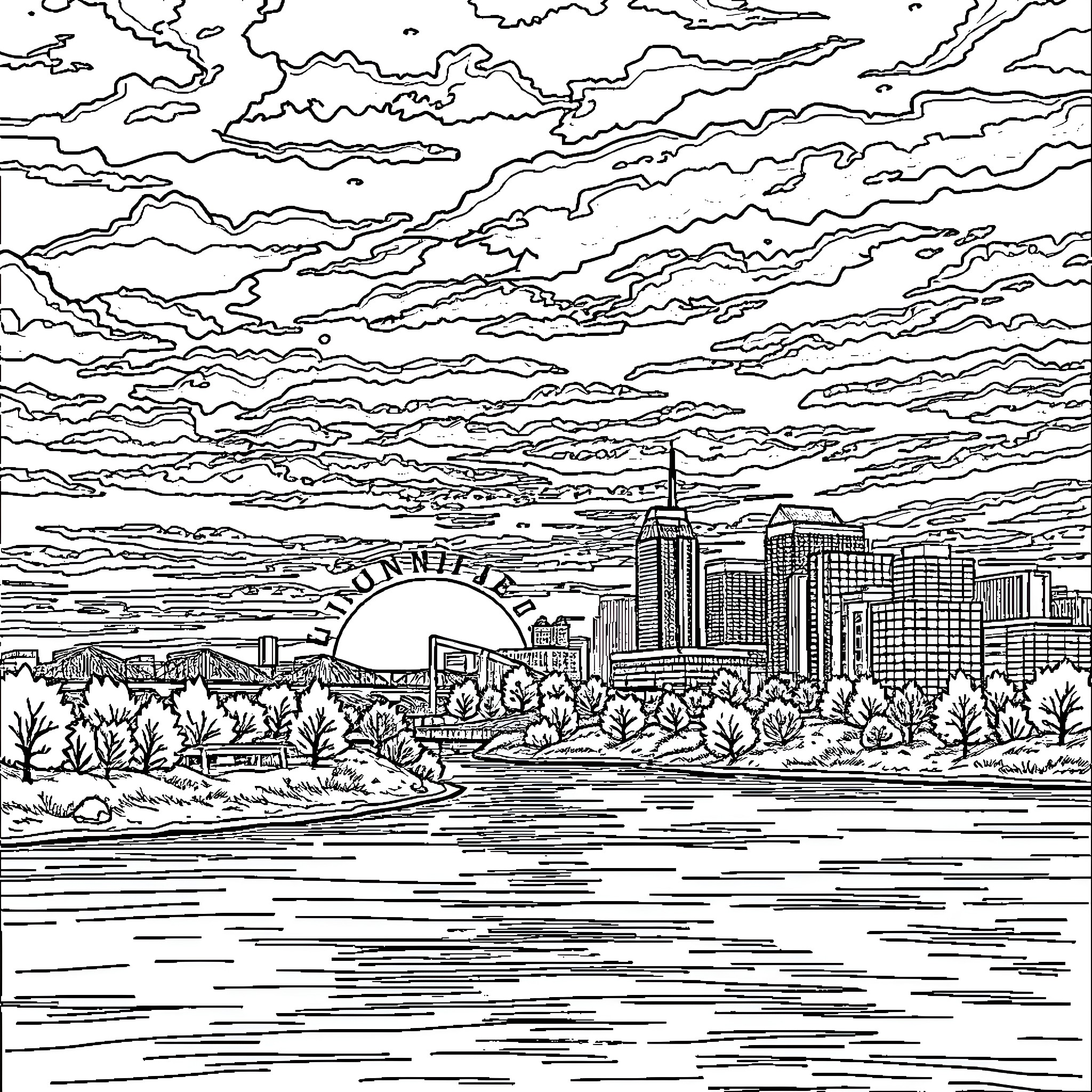 Sunrise over the city skyline Coloring Page (free black-and-white line drawing printable PDF for all, from beginners to advanced learners, including children, teens, adults, and seniors)