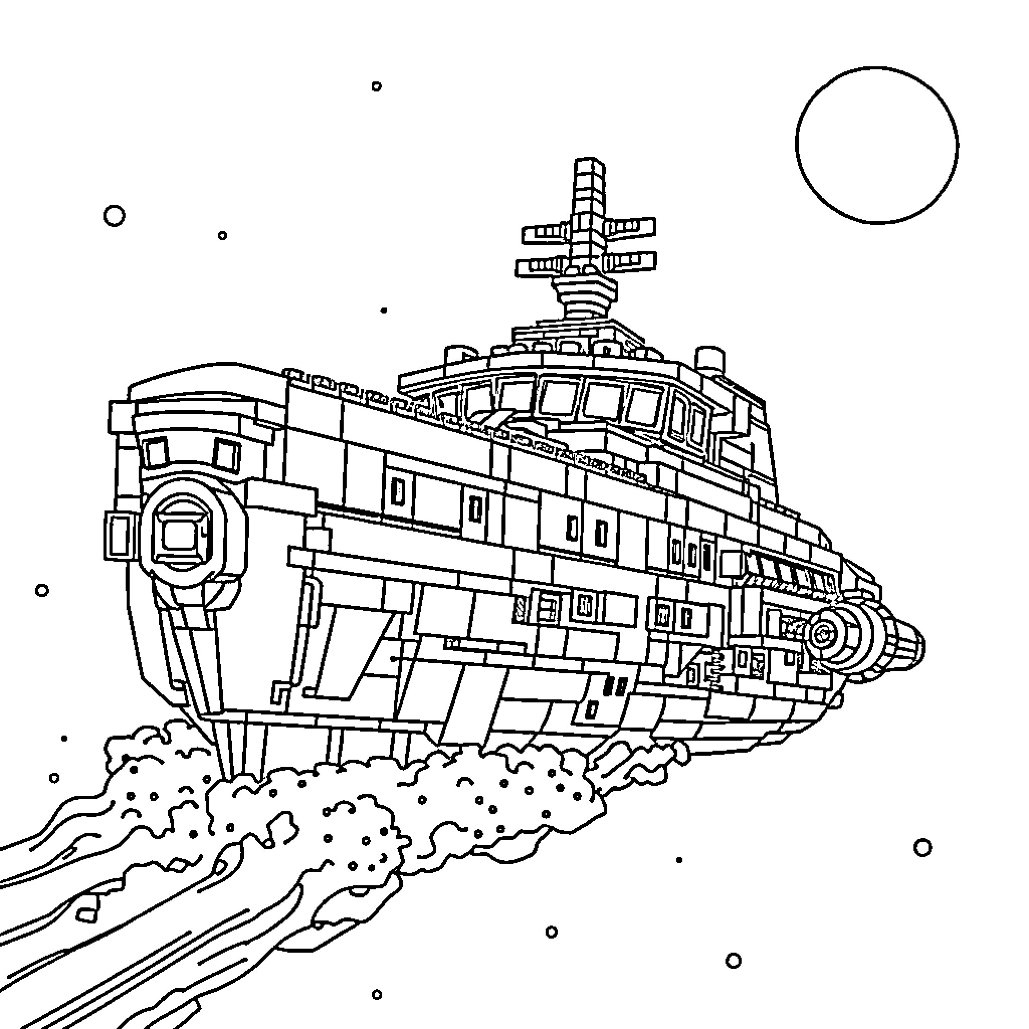 Lego starship soaring through the cosmos Coloring Page (free black-and-white line drawing printable PDF for all, from beginners to advanced learners, including children, teens, adults, and seniors)