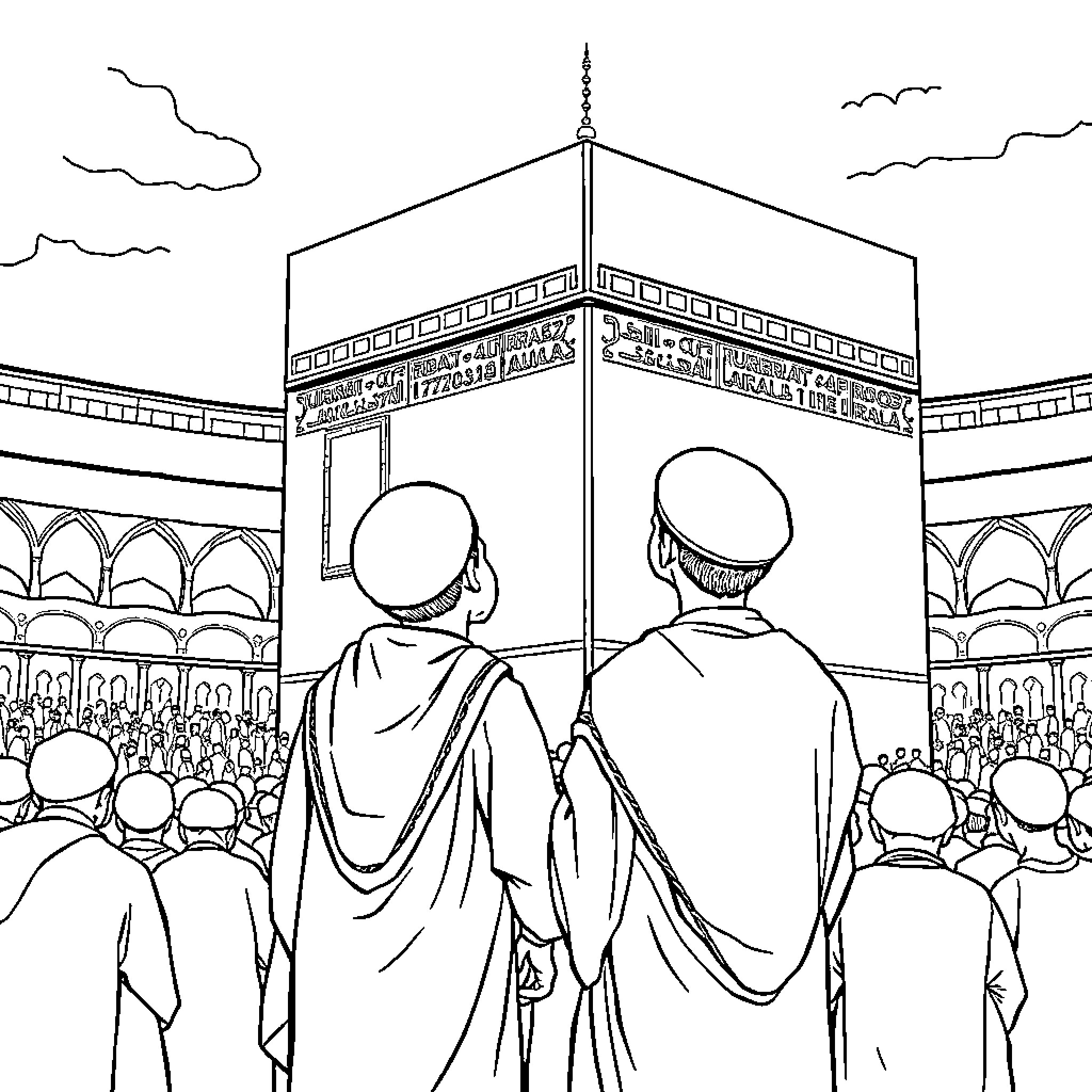 Boy Observing Kaaba during Pilgrimage Coloring Page (free black-and-white line drawing printable PDF for all, from beginners to advanced learners, including children, teens, adults, and seniors)