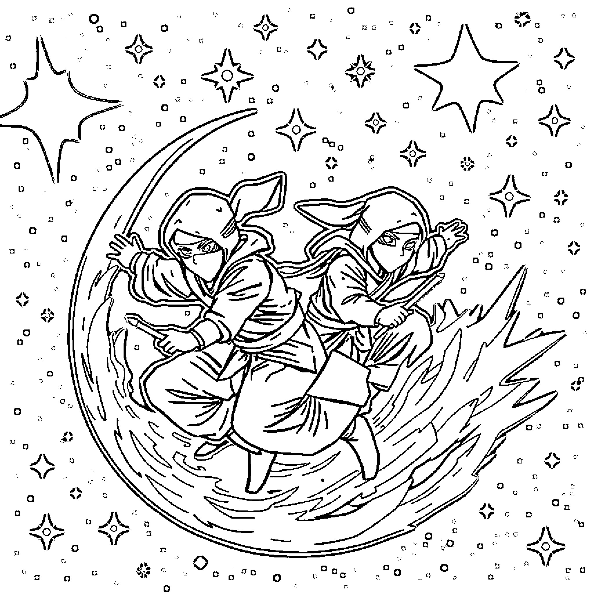 Ninja warriors battling under starry night sky Coloring Page (free black-and-white line drawing printable PDF for all, from beginners to advanced learners, including children, teens, adults, and seniors)