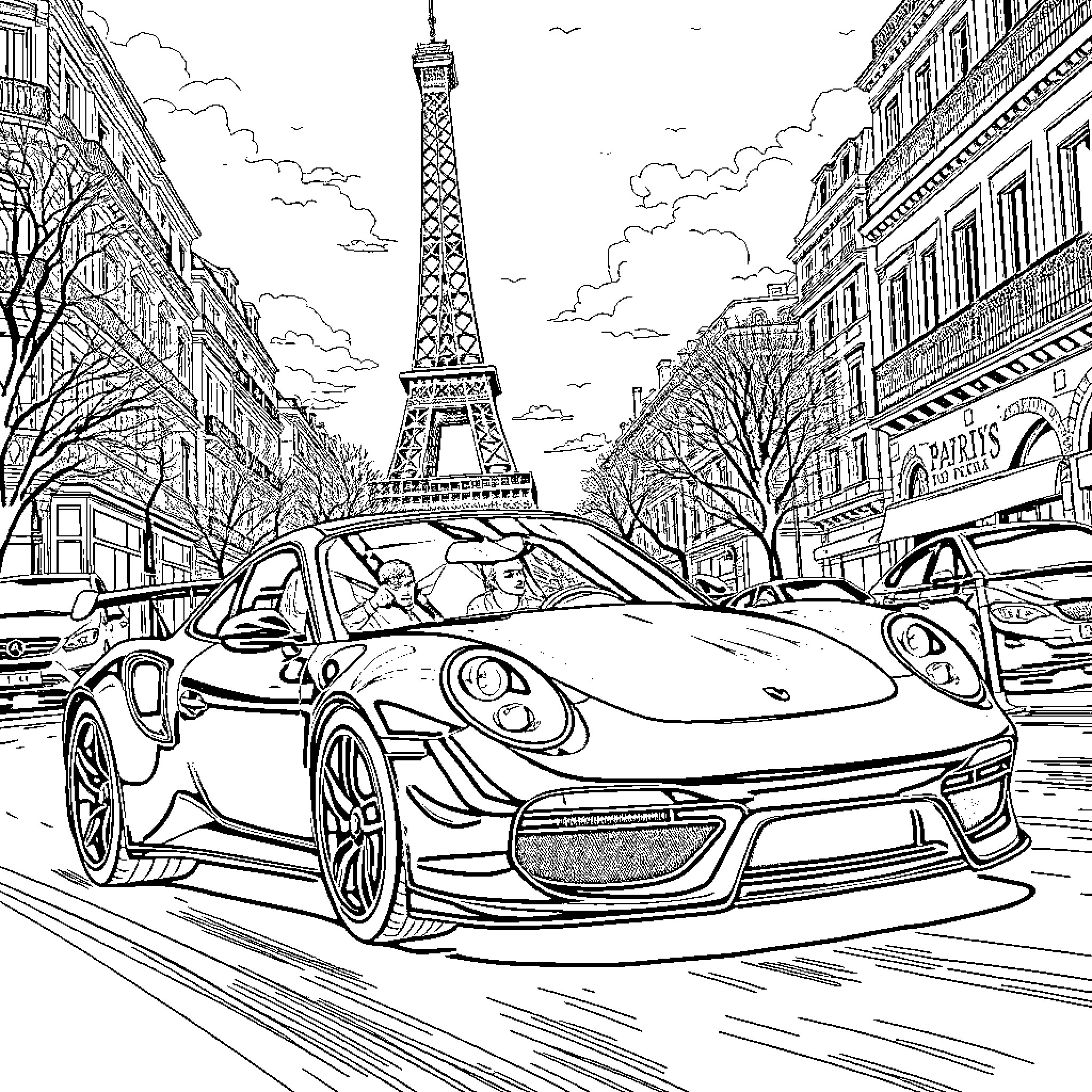 Batman speeding through the streets of Paris Coloring Page (free black-and-white line drawing printable PDF for all, from beginners to advanced learners, including children, teens, adults, and seniors)