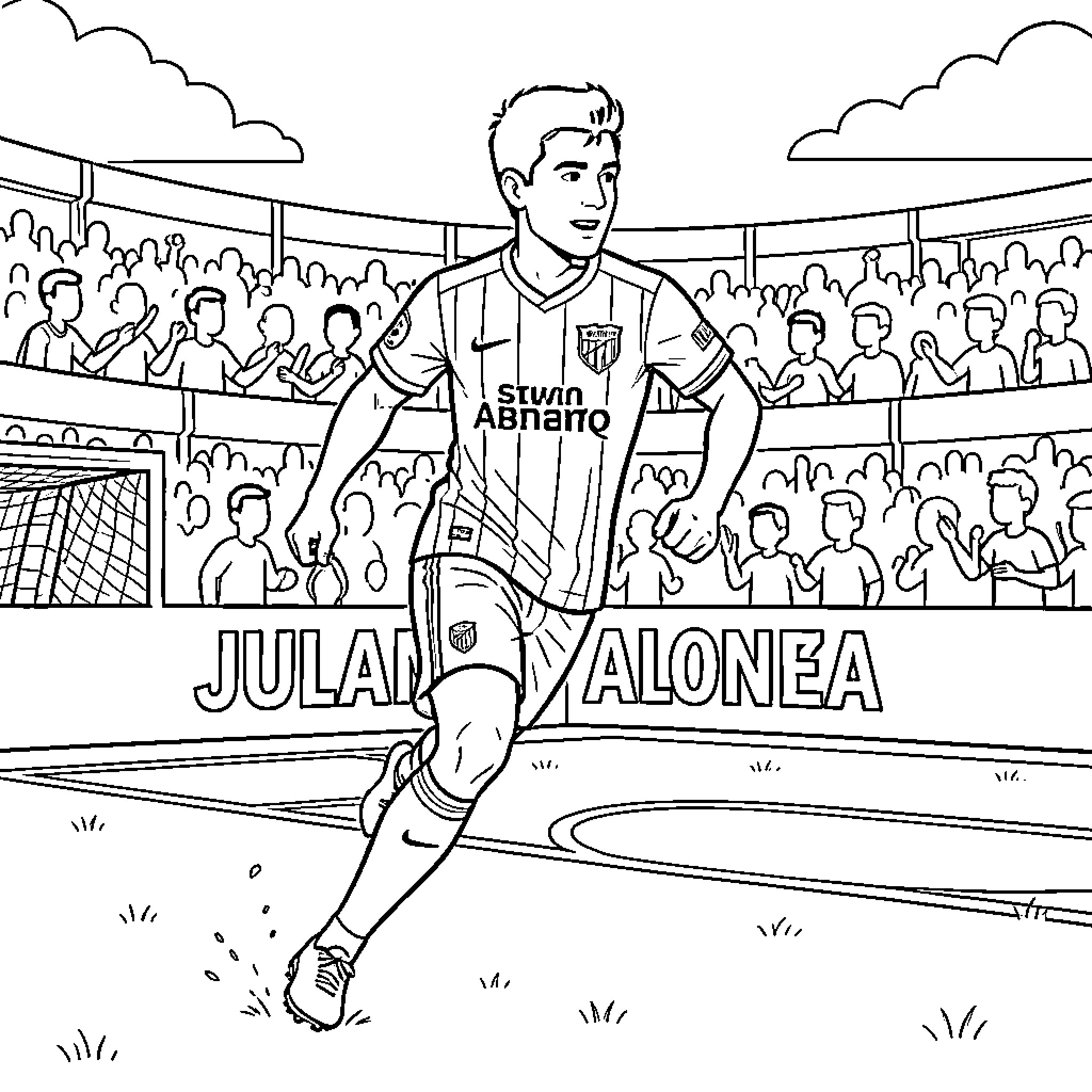 Julian Alvarez playing football in stadium with crowd Coloring Page (free black-and-white line drawing printable PDF for all, from beginners to advanced learners, including children, teens, adults, and seniors)