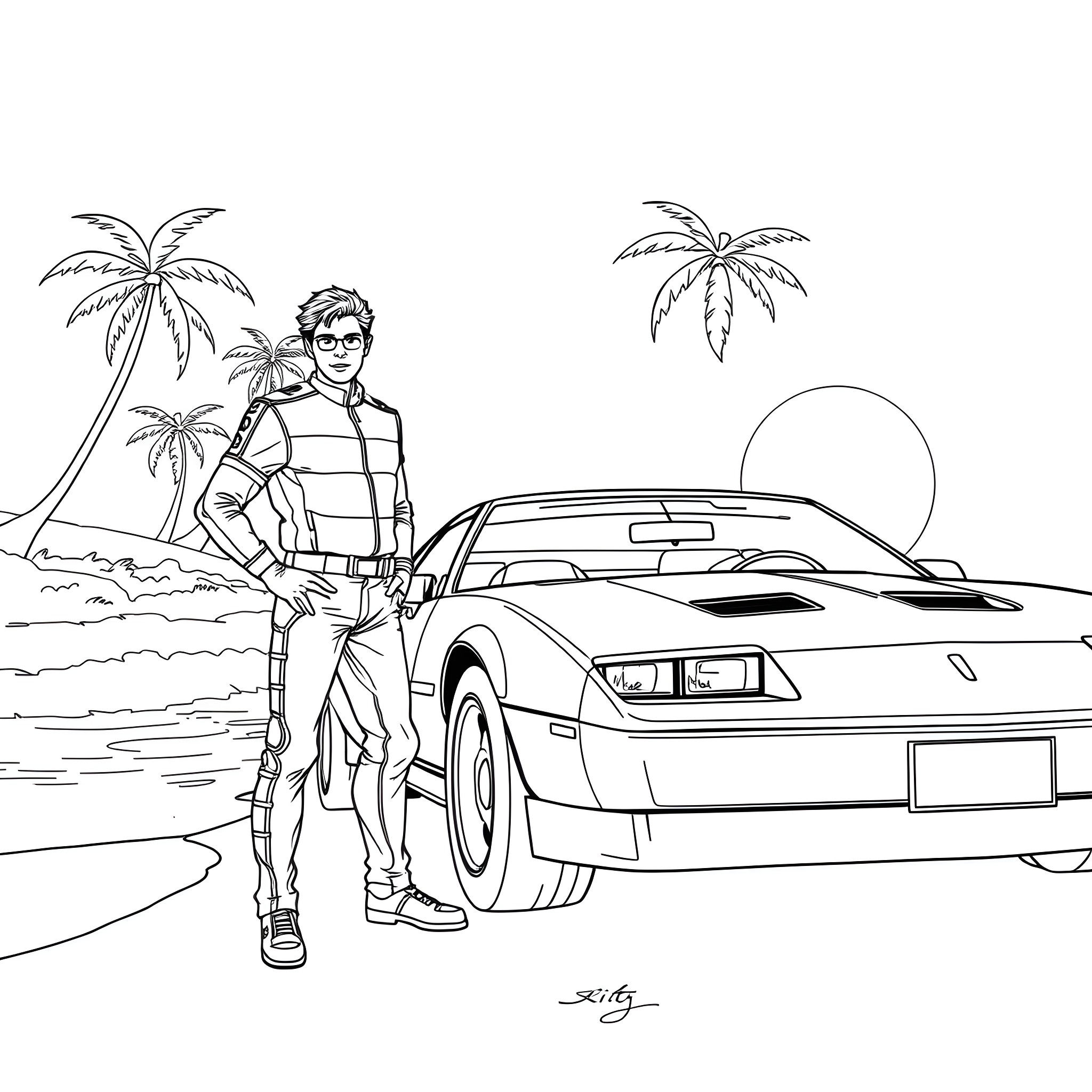 Michael Knight enjoys his iconic sports car on a tropical beach Coloring Page (free black-and-white line drawing printable PDF for all, from beginners to advanced learners, including children, teens, adults, and seniors)