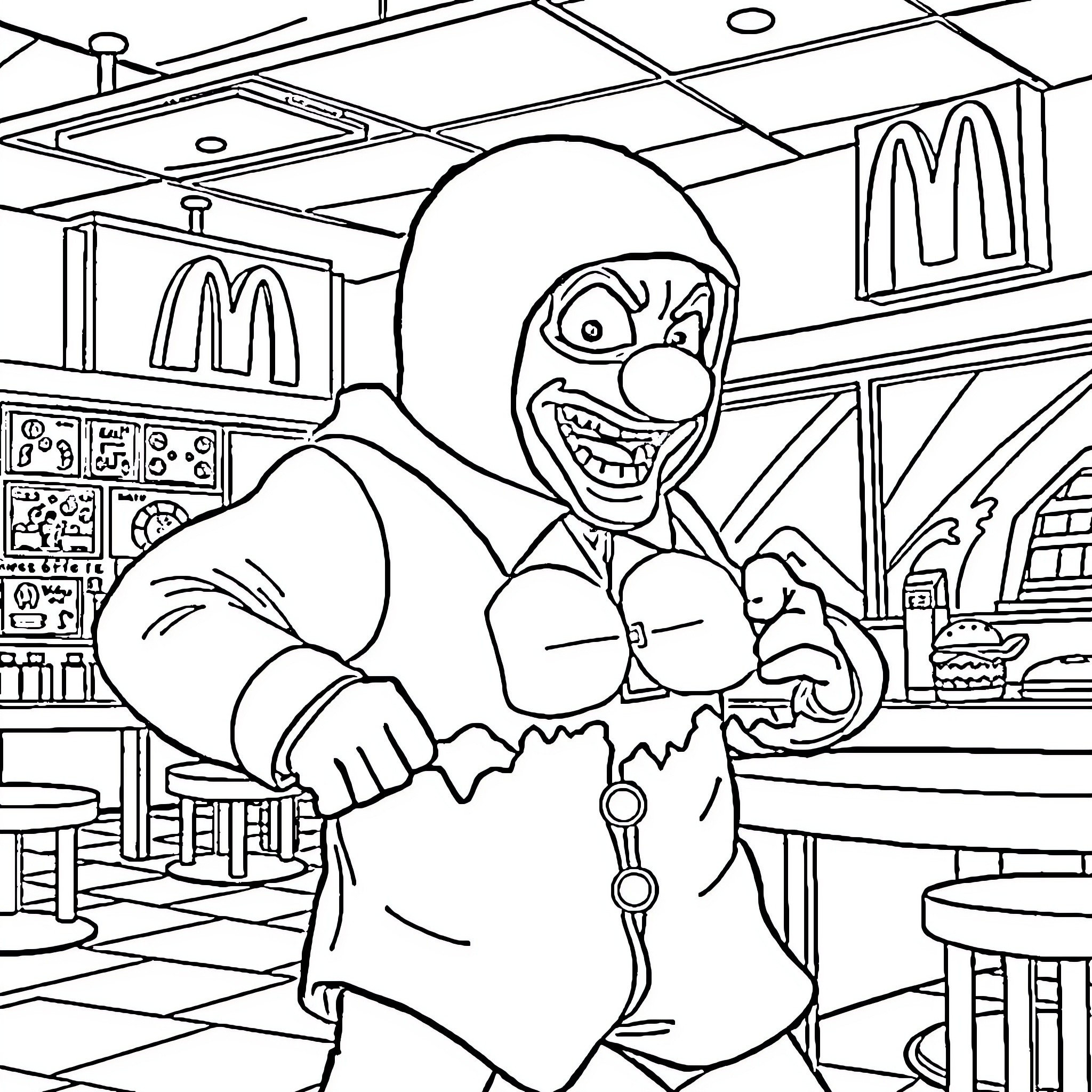 Hamburger restaurant worker preparing food with enthusiasm Coloring Page (free black-and-white line drawing printable PDF for all, from beginners to advanced learners, including children, teens, adults, and seniors)