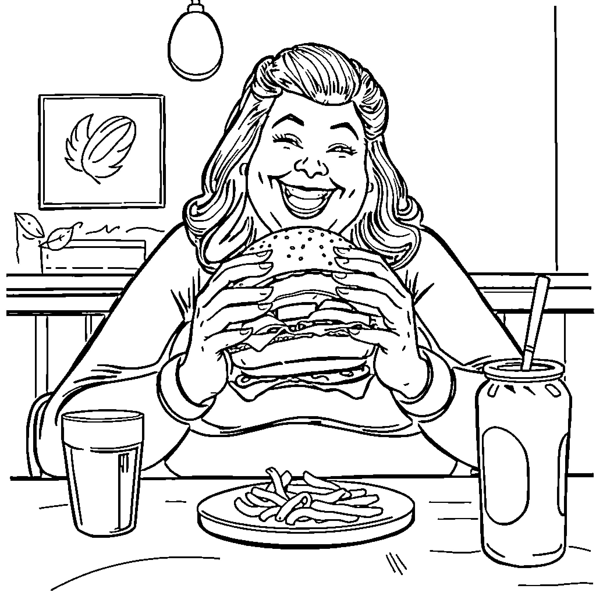 Lady Enjoying a Delightful Meal Coloring Page (free black-and-white line drawing printable PDF for all, from beginners to advanced learners, including children, teens, adults, and seniors)