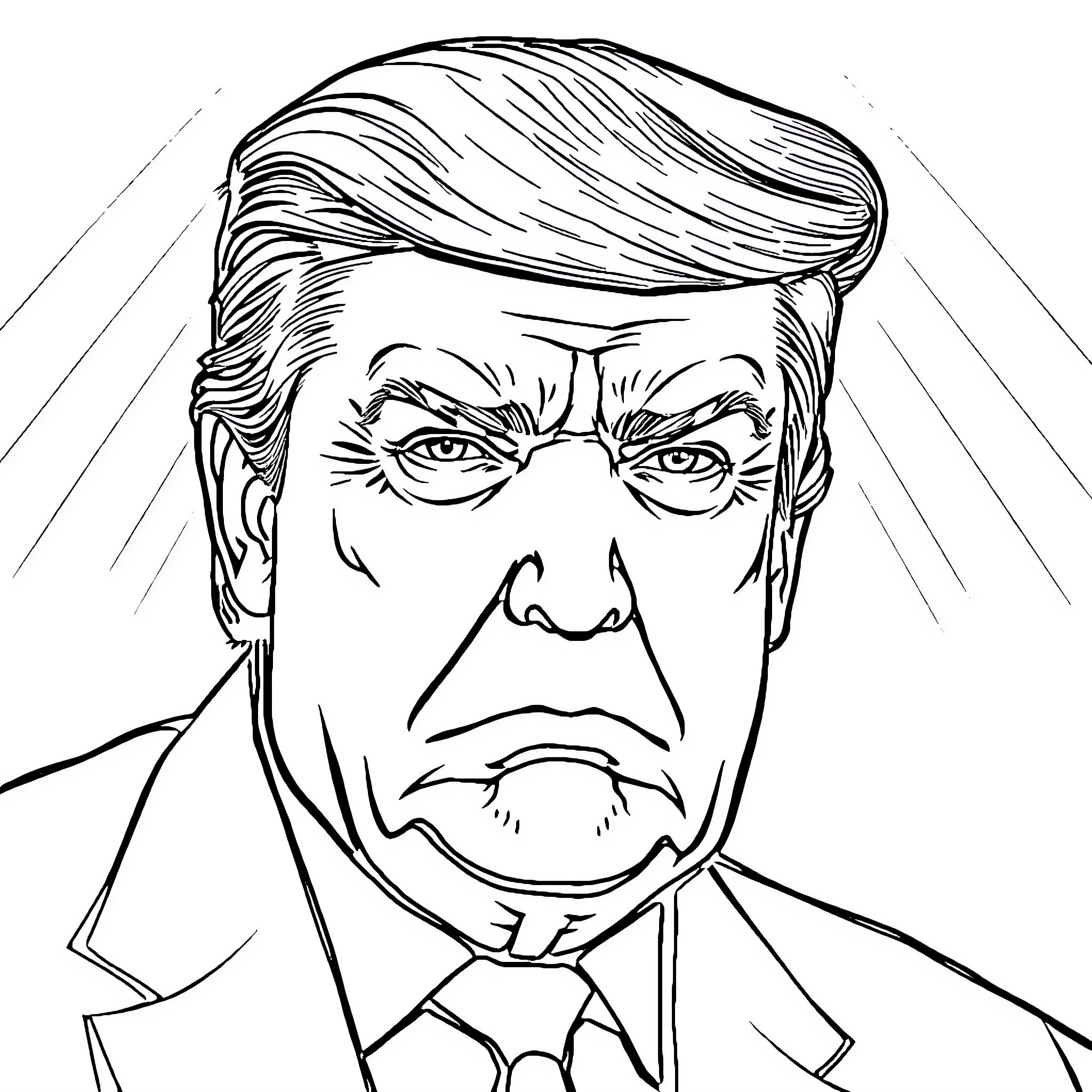 Trump's Displeased Expression and Distinctive Hairstyle Coloring Page (free black-and-white line drawing printable PDF for all, from beginners to advanced learners, including children, teens, adults, and seniors)