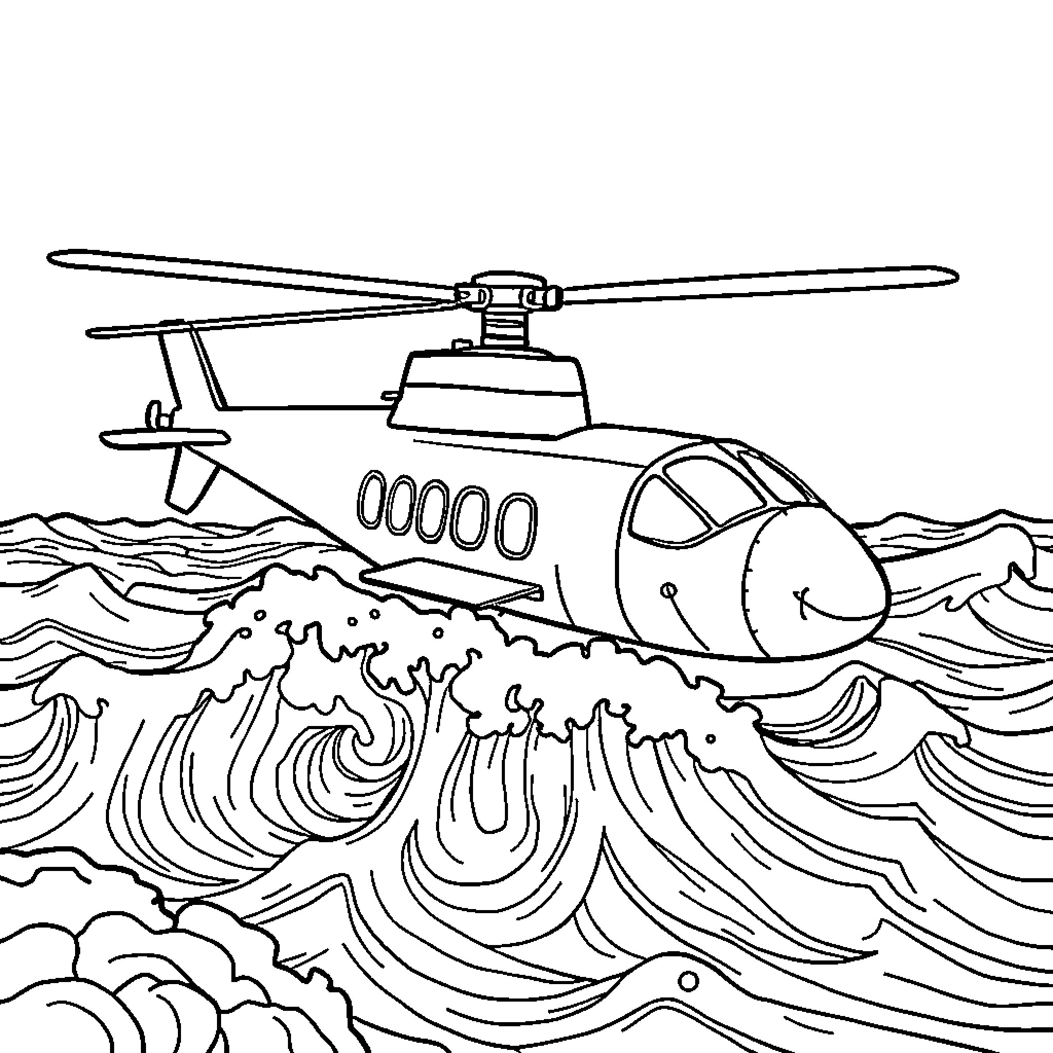 Submarine Helicopter flying over turbulent ocean waves Coloring Page (free black-and-white line drawing printable PDF for all, from beginners to advanced learners, including children, teens, adults, and seniors)