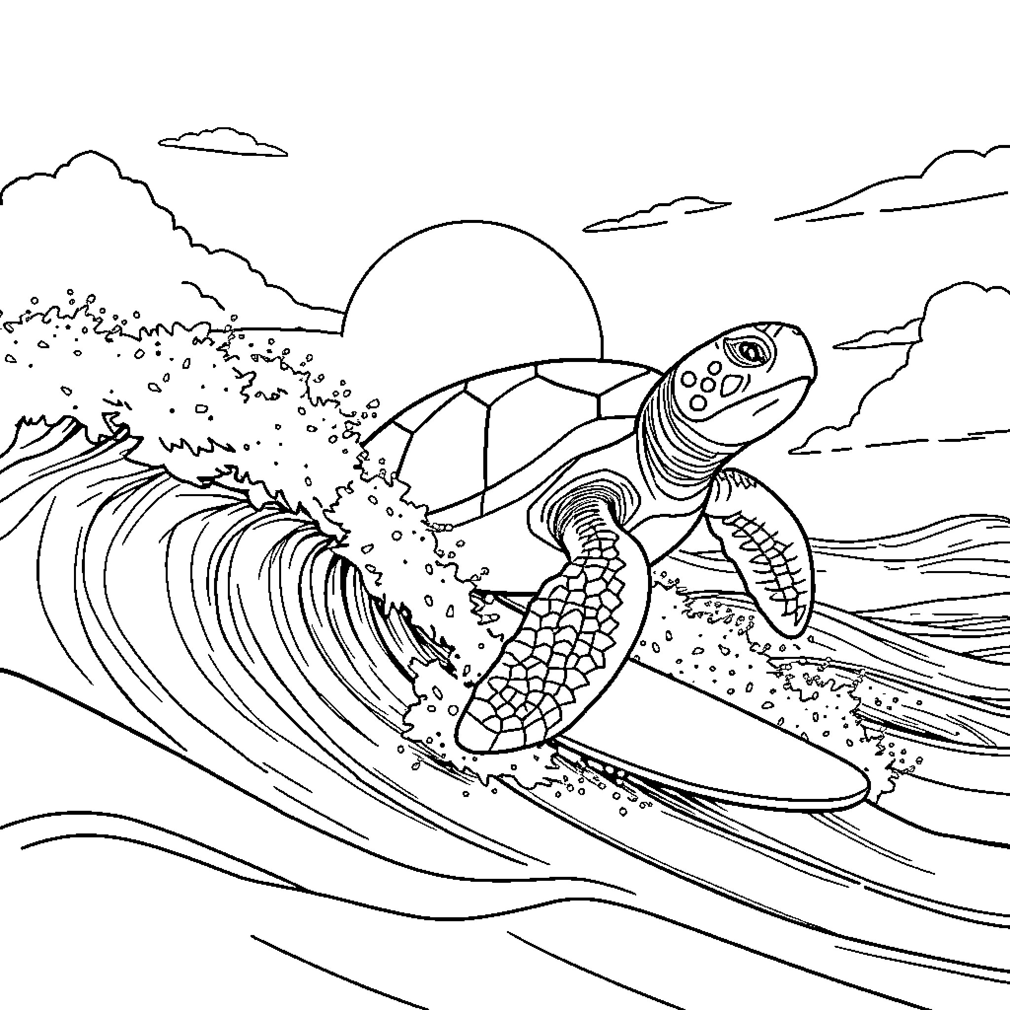 Turtle Surfing Waves Under the Moonlight Coloring Page (free black-and-white line drawing printable PDF for all, from beginners to advanced learners, including children, teens, adults, and seniors)