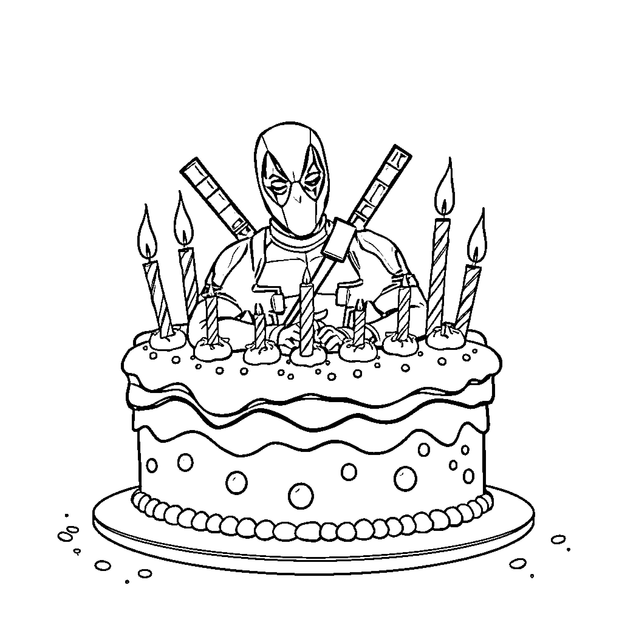 Deadpool celebrates his birthday with cake and candles Coloring Page (free black-and-white line drawing printable PDF for all, from beginners to advanced learners, including children, teens, adults, and seniors)