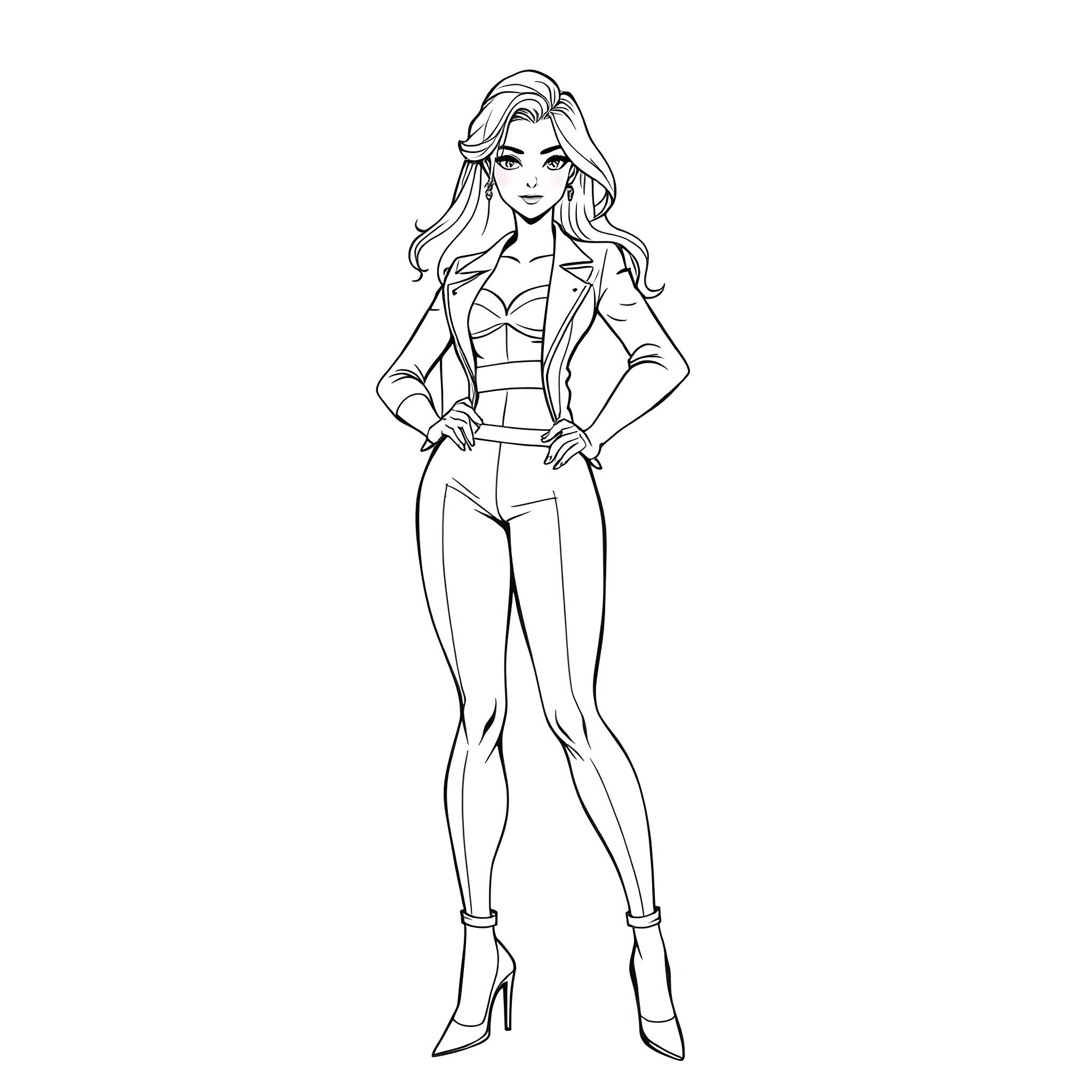 Body of a confident woman in stylish outfit Coloring Page (free black-and-white line drawing printable PDF for all, from beginners to advanced learners, including children, teens, adults, and seniors)