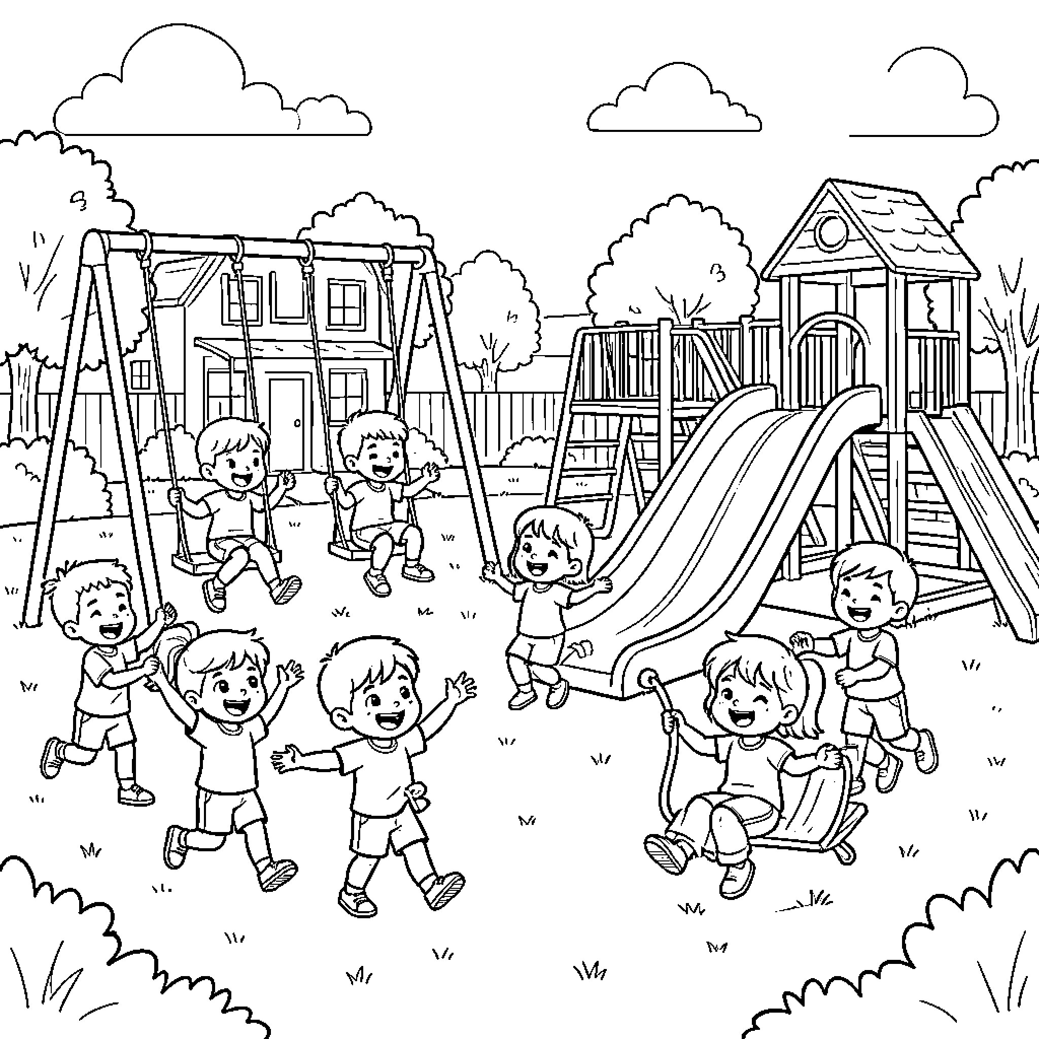 Kid's Playtime at the Playground Coloring Page (free black-and-white line drawing printable PDF for all, from beginners to advanced learners, including children, teens, adults, and seniors)