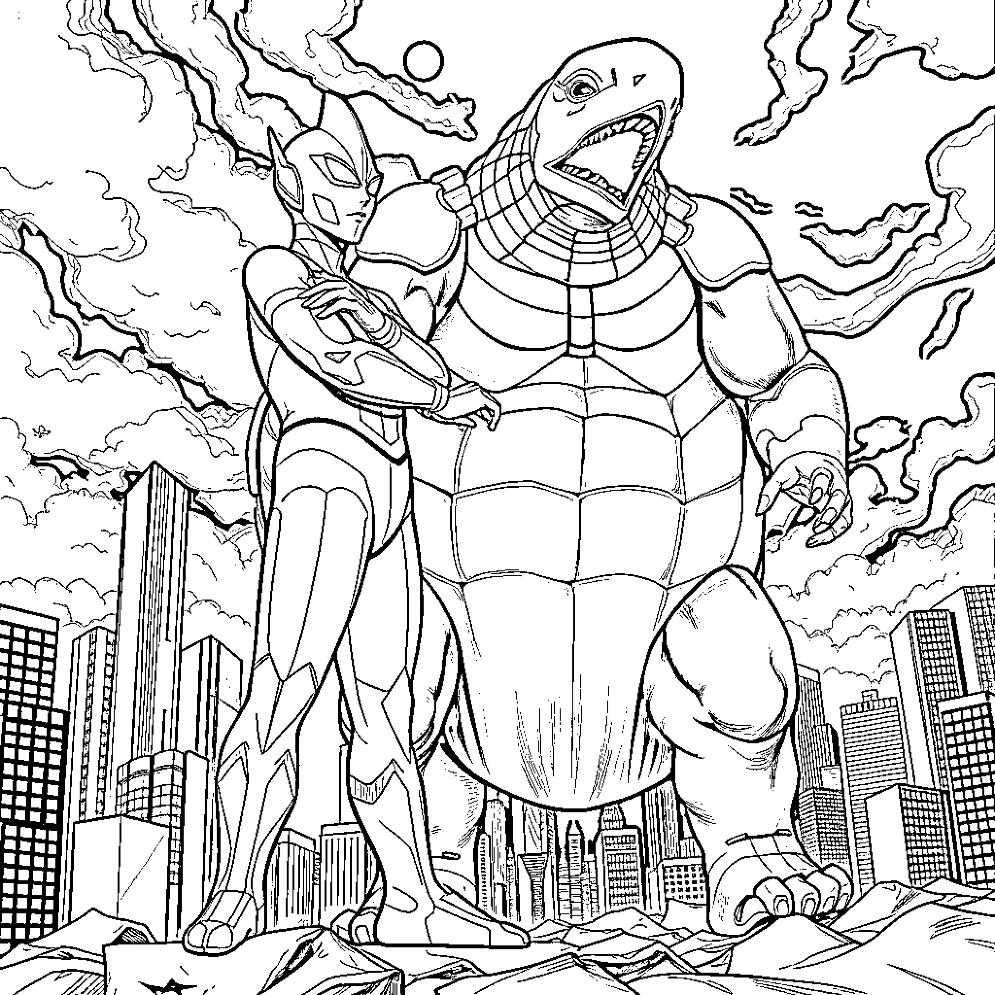 Ultraman battling a giant monster in the city Coloring Page (free black-and-white line drawing printable PDF for all, from beginners to advanced learners, including children, teens, adults, and seniors)