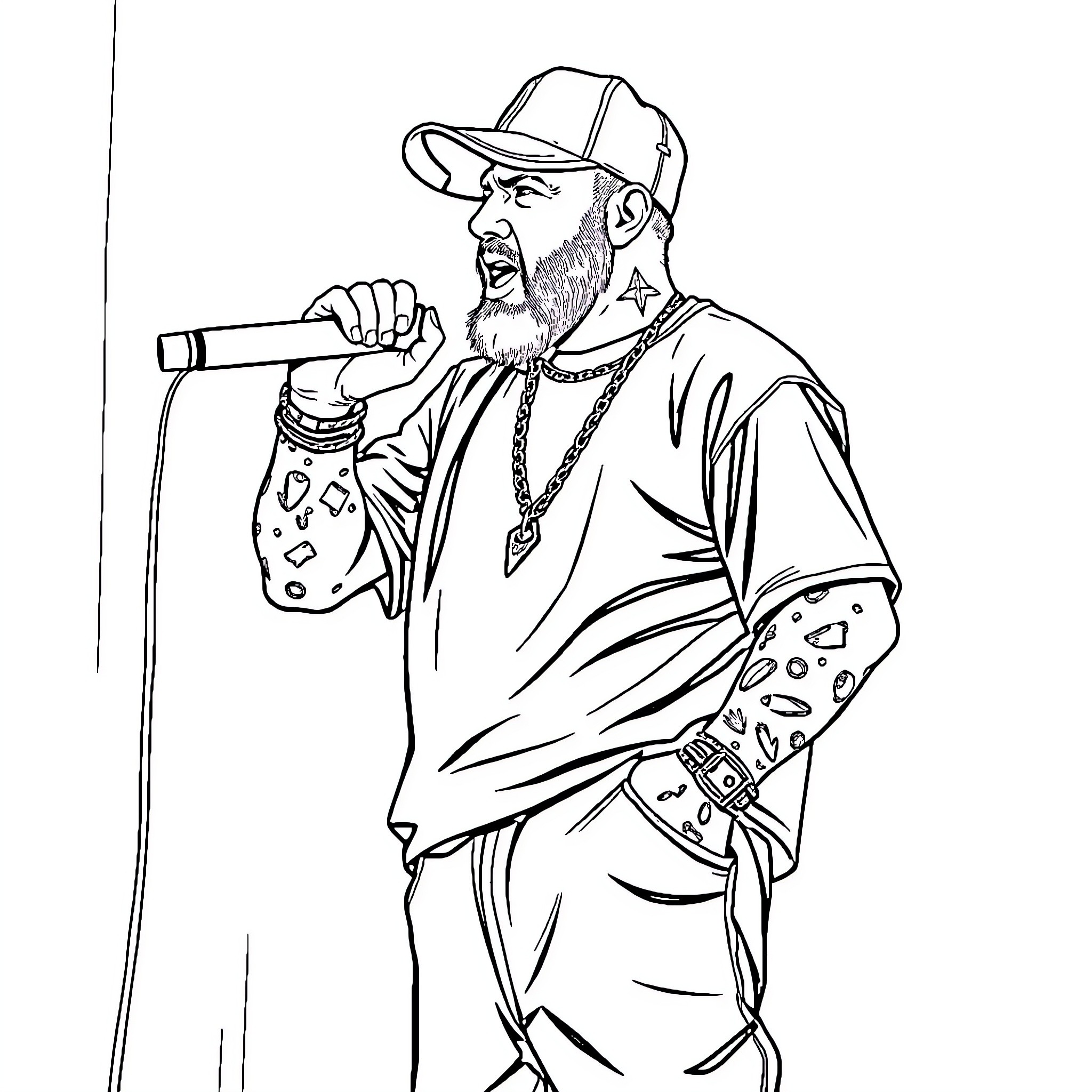 Fred Durst performing on stage with energy and intensity Coloring Page (free black-and-white line drawing printable PDF for all, from beginners to advanced learners, including children, teens, adults, and seniors)