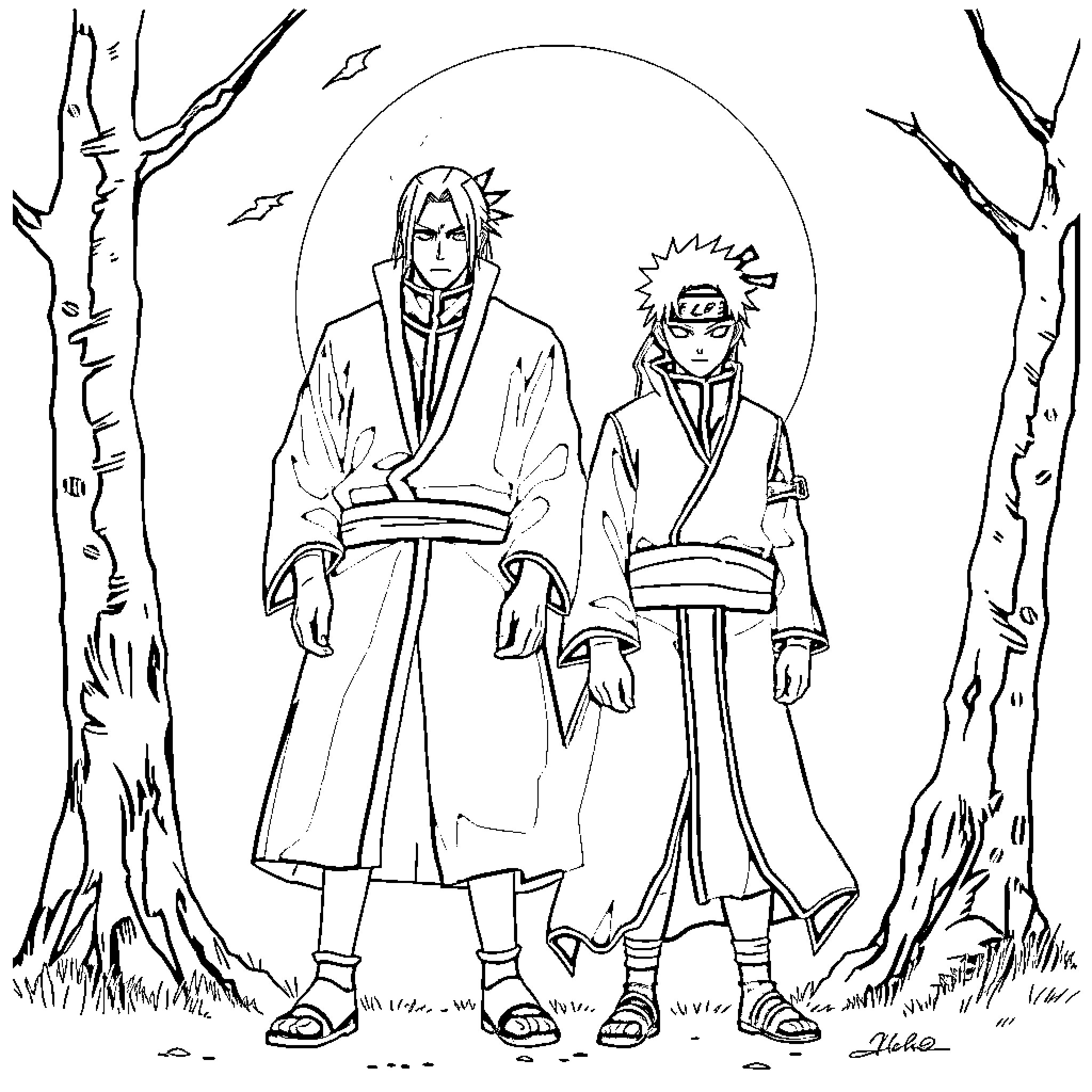Seshomaru and Naruto - Anime Duo in Contemplative Pose Coloring Page (free black-and-white line drawing printable PDF for all, from beginners to advanced learners, including children, teens, adults, and seniors)
