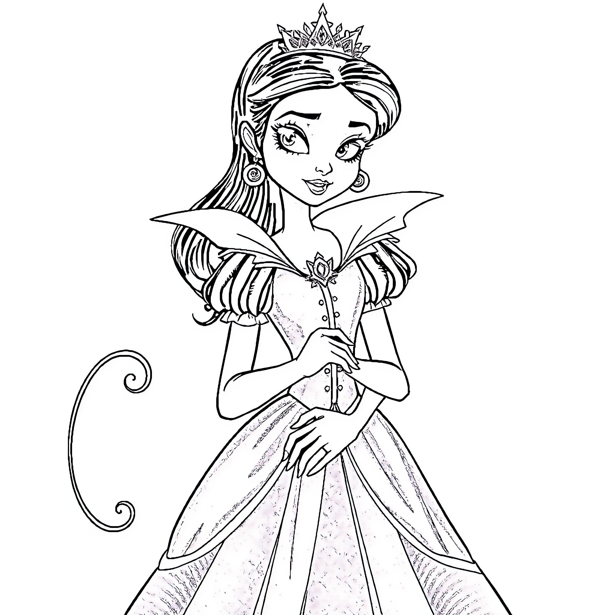 Princess in a Regal Pose with a Crown Coloring Page (free black-and-white line drawing printable PDF for all, from beginners to advanced learners, including children, teens, adults, and seniors)