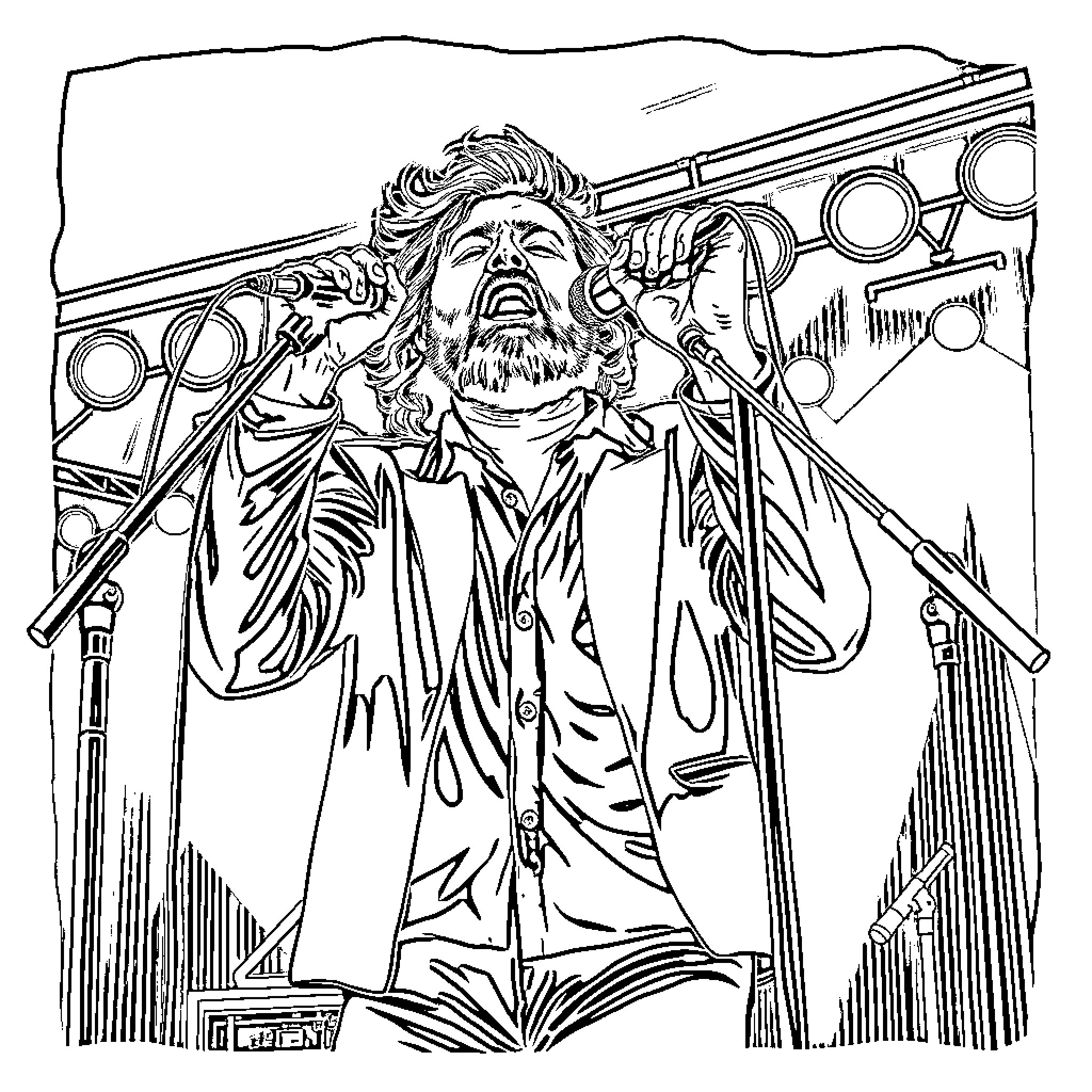 Father John Misty performing energetically on stage Coloring Page (free black-and-white line drawing printable PDF for all, from beginners to advanced learners, including children, teens, adults, and seniors)