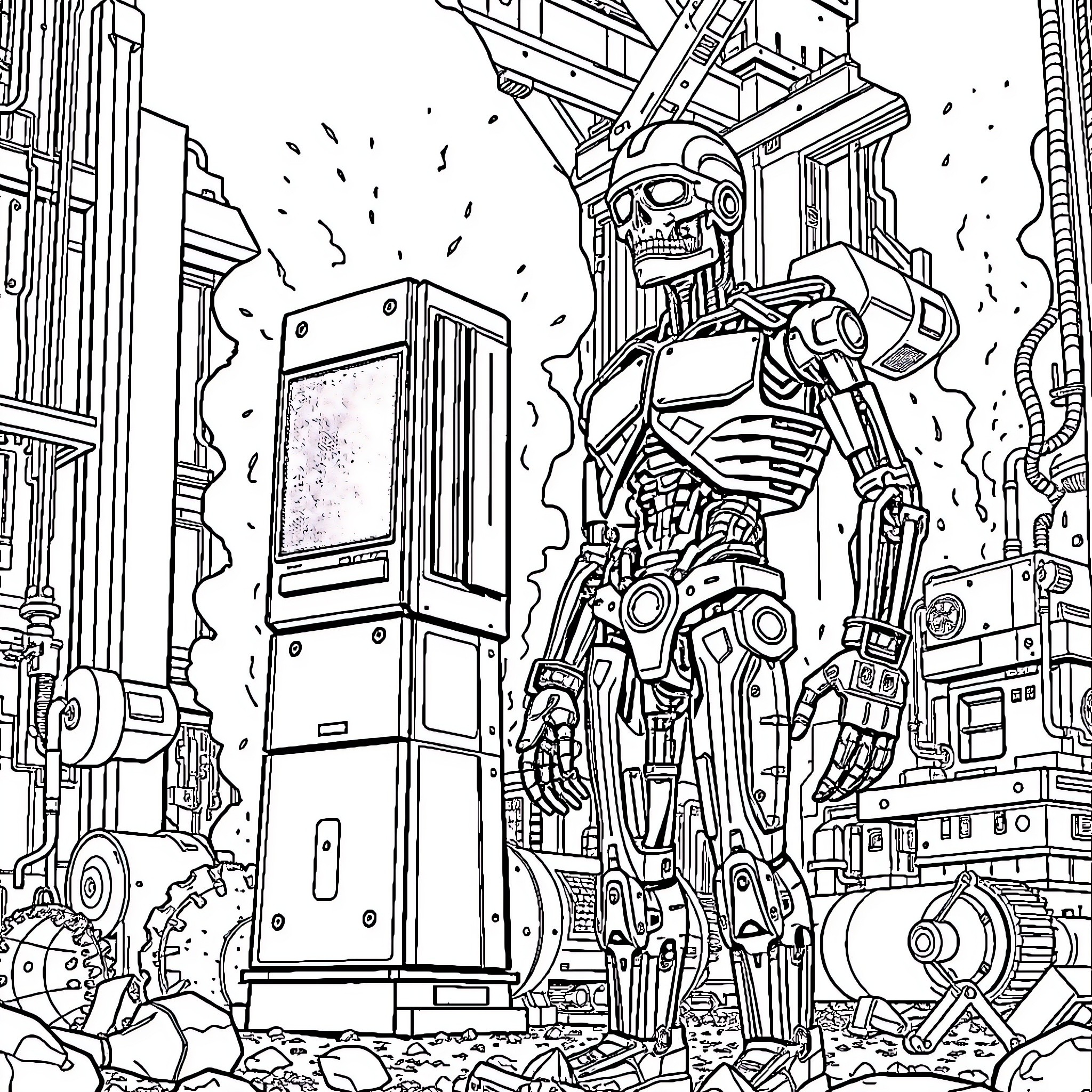 Robot Wreaking Havoc in Futuristic City Coloring Page (free black-and-white line drawing printable PDF for all, from beginners to advanced learners, including children, teens, adults, and seniors)