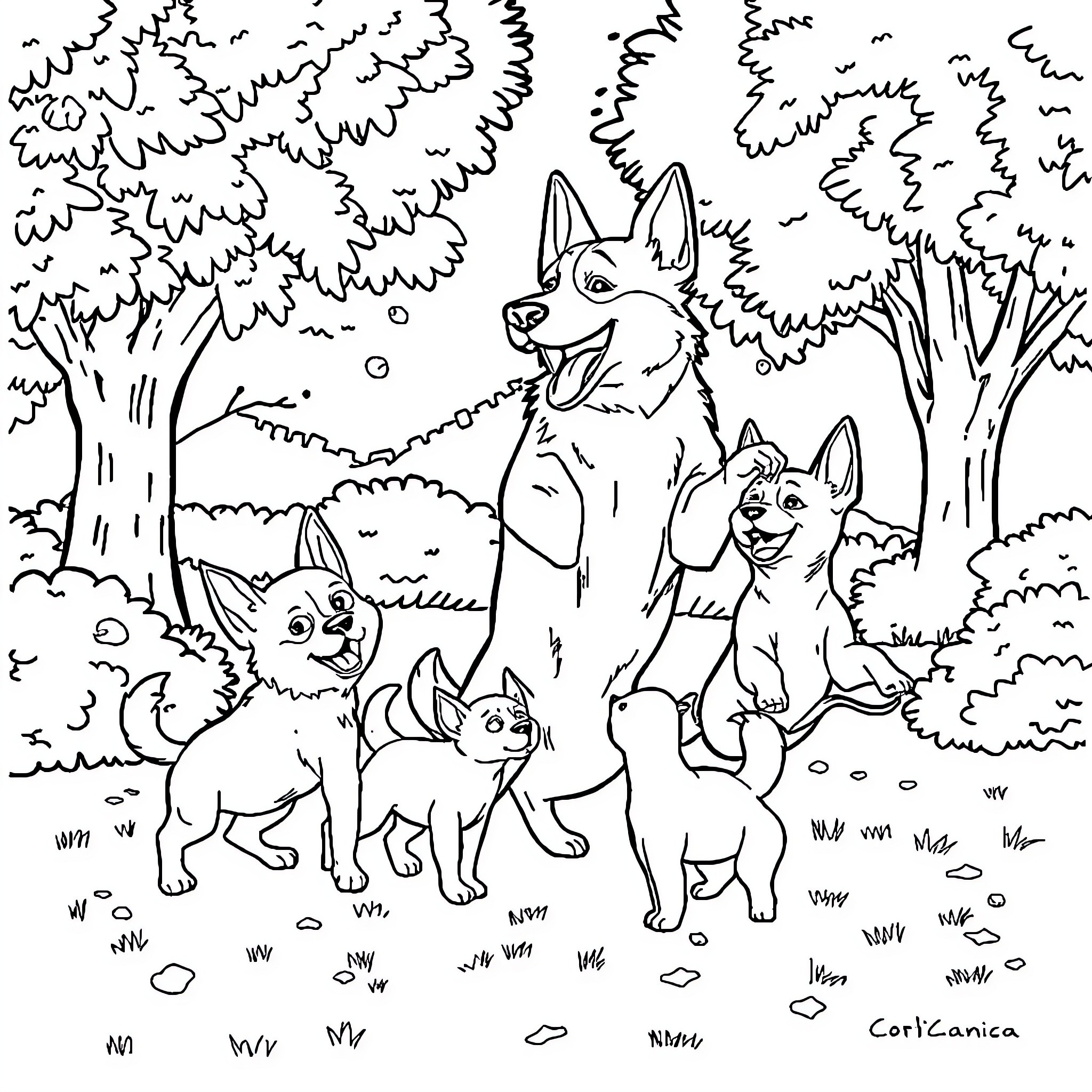 Poodle Family Frolicking in the Forest Coloring Page (free black-and-white line drawing printable PDF for all, from beginners to advanced learners, including children, teens, adults, and seniors)