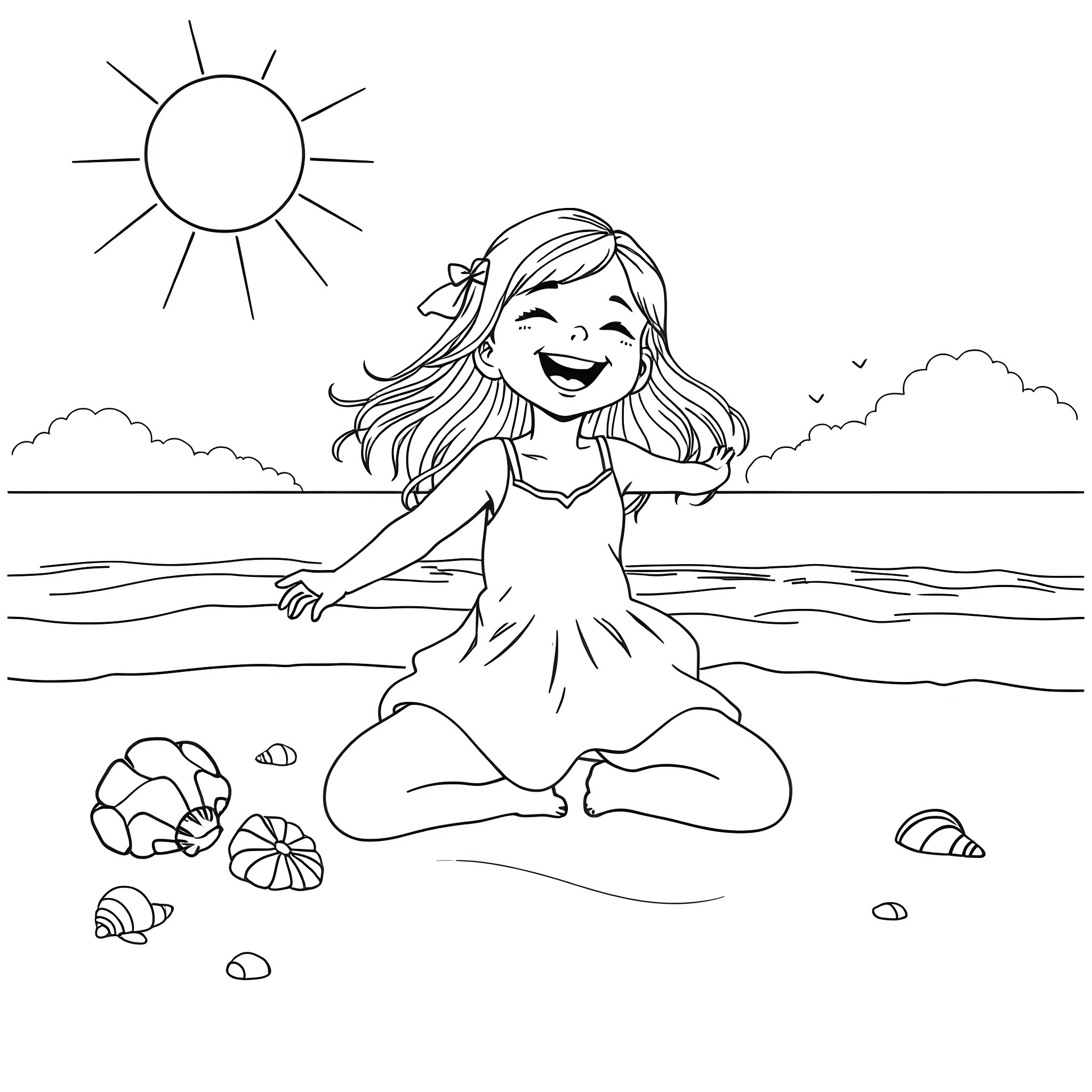 Girl playing joyfully on the beach Coloring Page (free black-and-white line drawing printable PDF for all, from beginners to advanced learners, including children, teens, adults, and seniors)