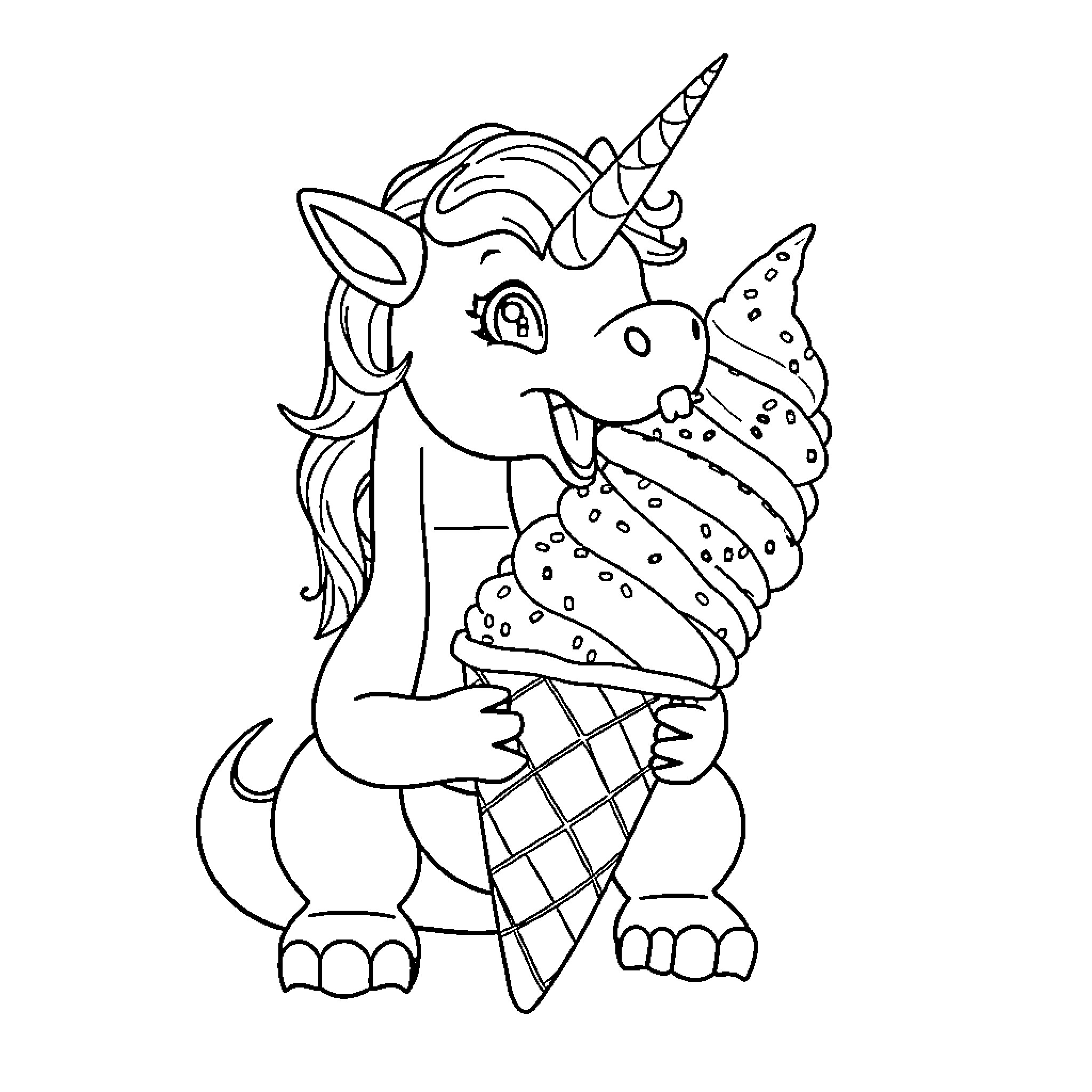 Unicorn-Dragon Enjoying an Ice Cream Treat Coloring Page (free black-and-white line drawing printable PDF for all, from beginners to advanced learners, including children, teens, adults, and seniors)