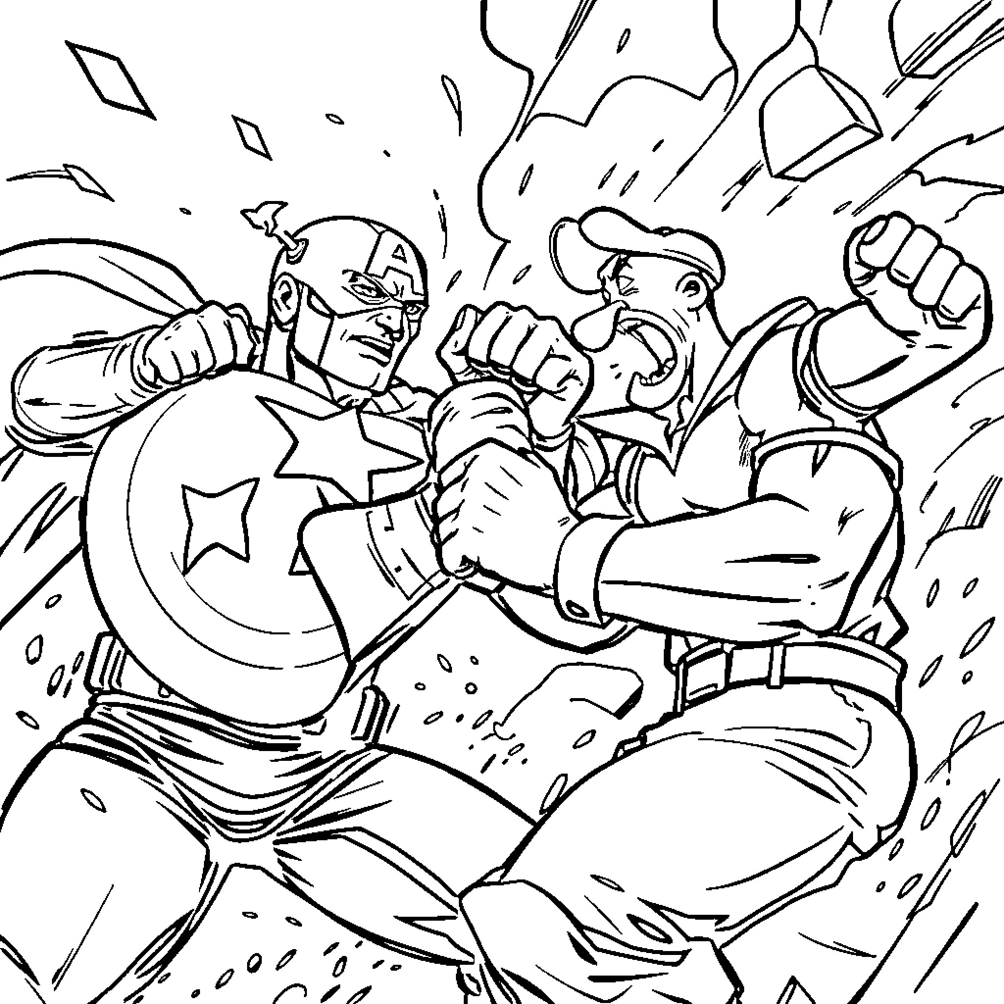 Captain America and Ally Fighting Fiercely in Battle Coloring Page (free black-and-white line drawing printable PDF for all, from beginners to advanced learners, including children, teens, adults, and seniors)
