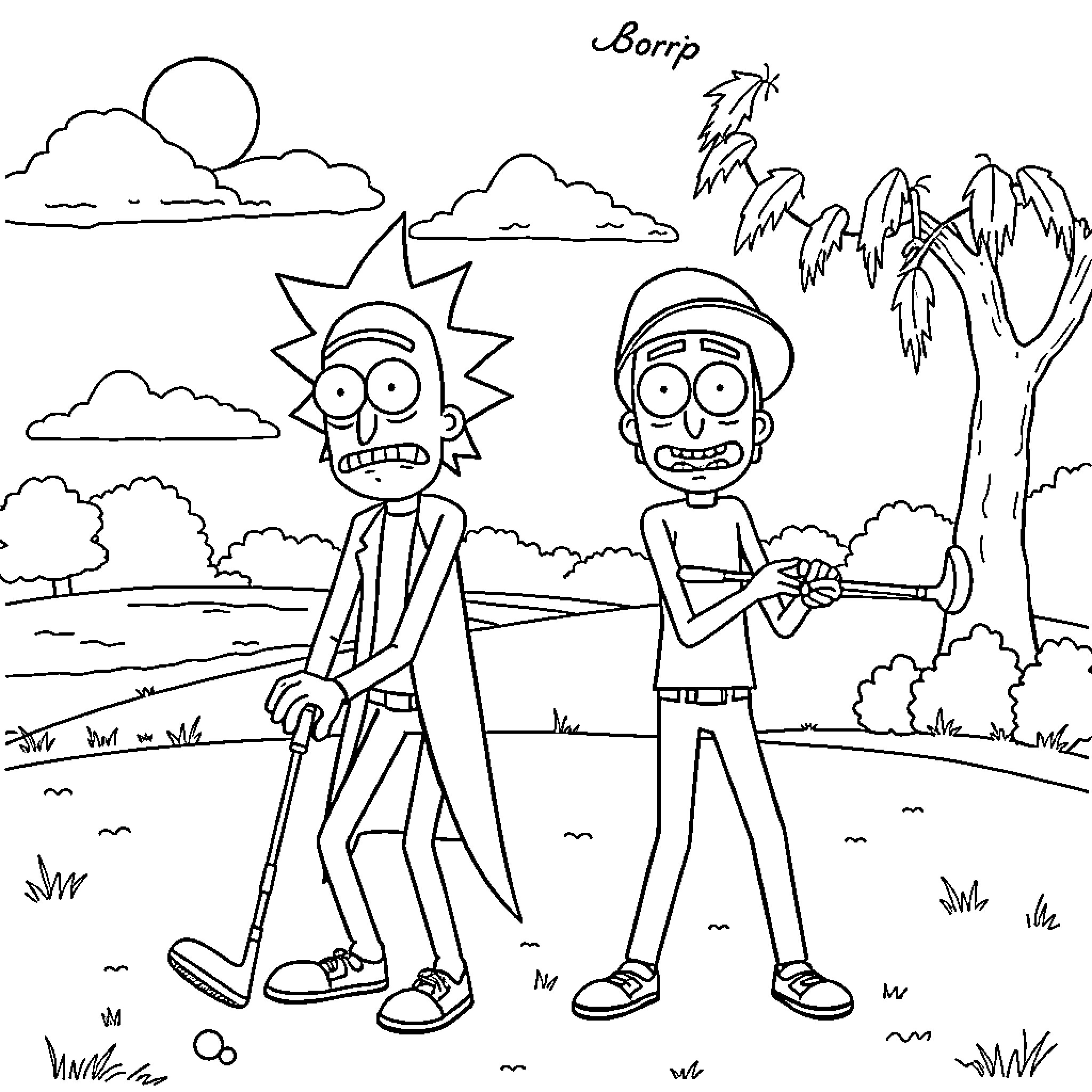 Rick And Morty Explore Bizarre Outdoor Landscape Coloring Page (free black-and-white line drawing printable PDF for all, from beginners to advanced learners, including children, teens, adults, and seniors)
