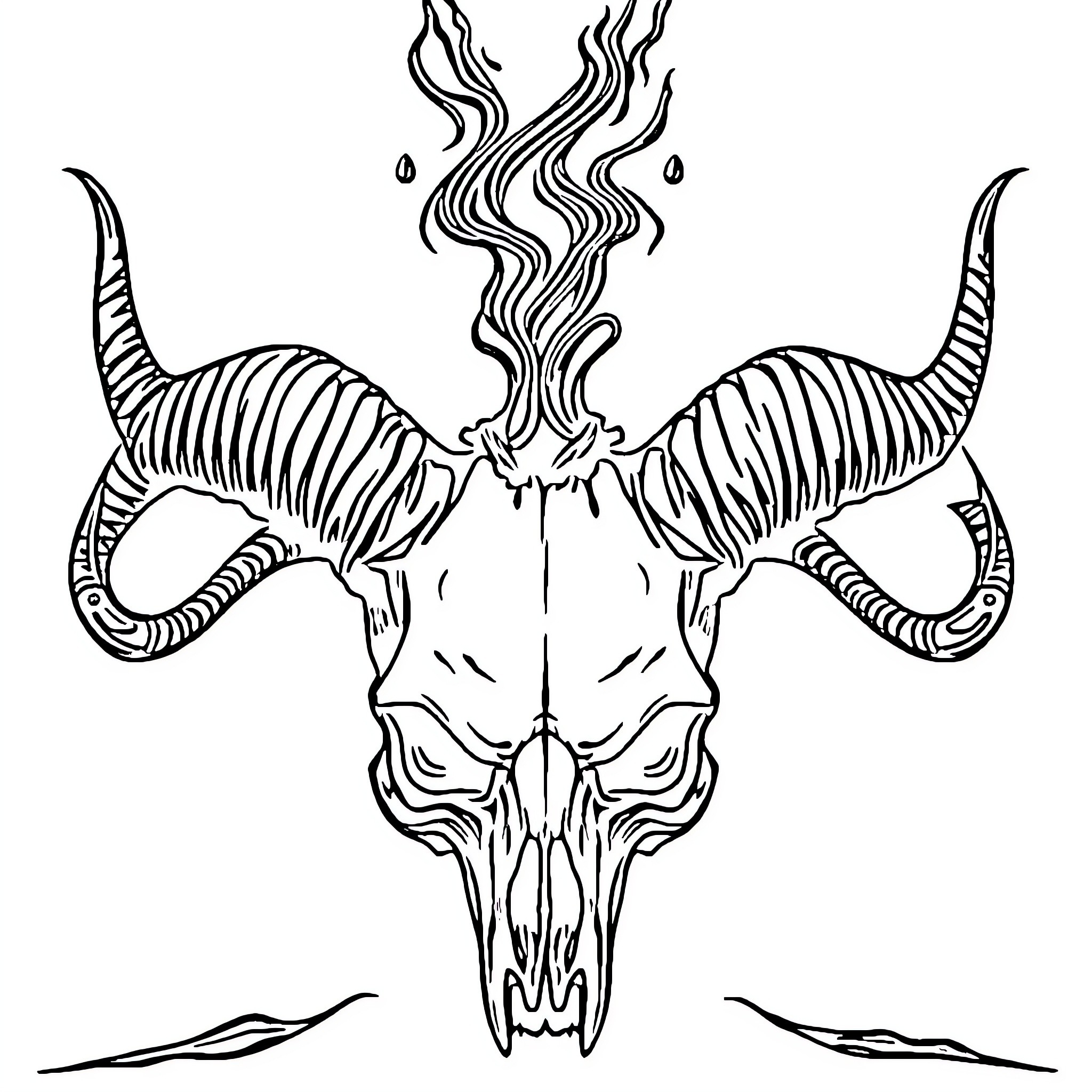 Skull of a horned creature with smoky wisps Coloring Page (free black-and-white line drawing printable PDF for all, from beginners to advanced learners, including children, teens, adults, and seniors)