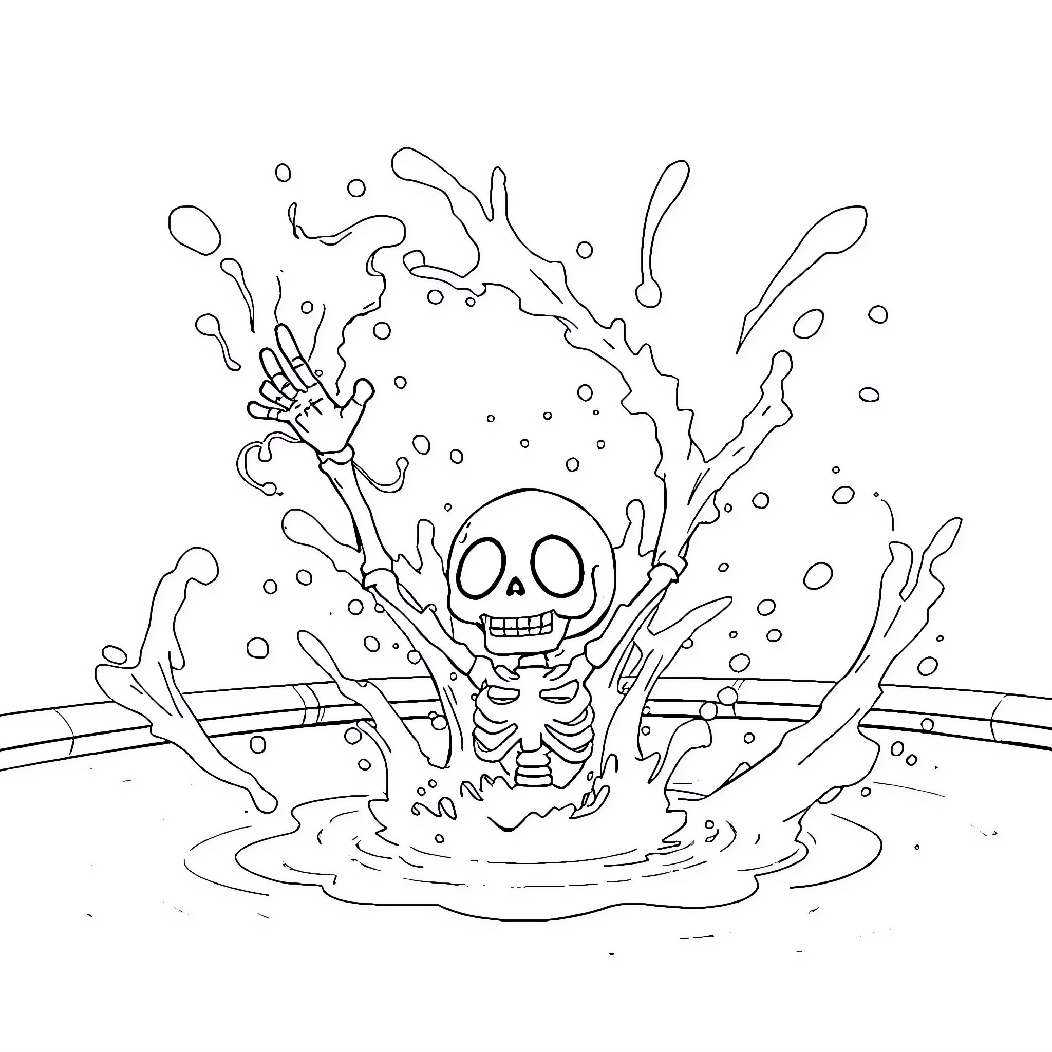 Sans Skeleton Emerging from Watery Splash Coloring Page (free black-and-white line drawing printable PDF for all, from beginners to advanced learners, including children, teens, adults, and seniors)