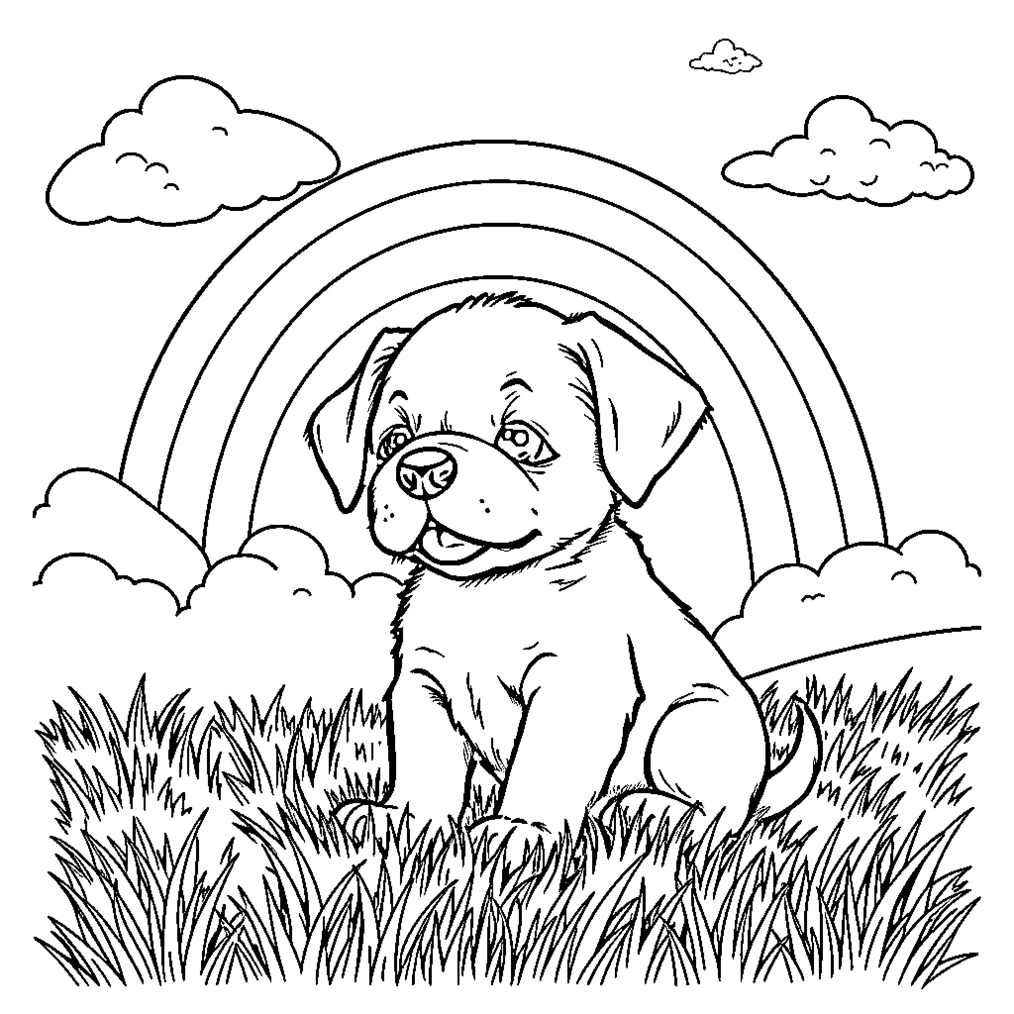 Puppy playing happily in a meadow with rainbows Coloring Page (free black-and-white line drawing printable PDF for all, from beginners to advanced learners, including children, teens, adults, and seniors)