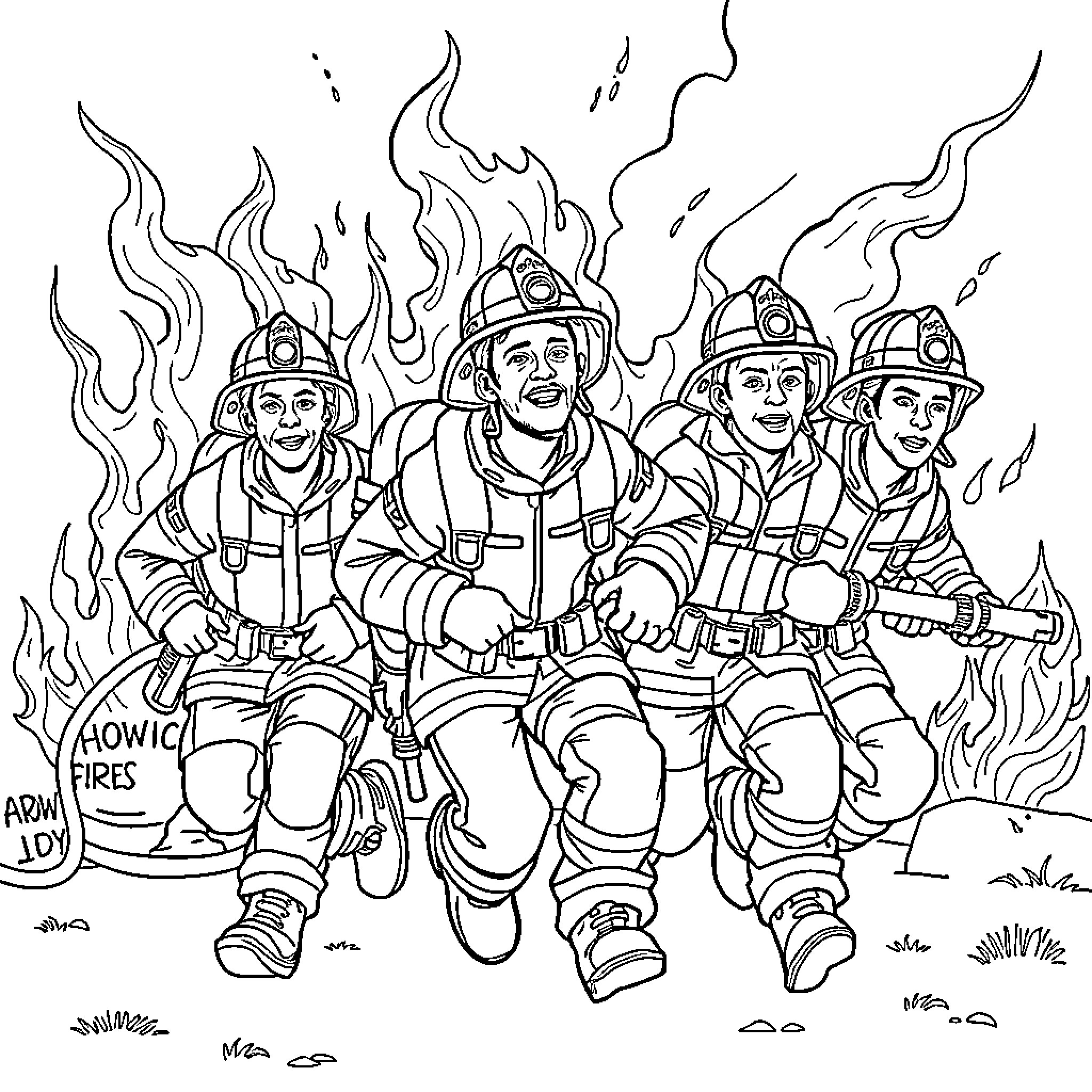 Firefighters Battling Raging Flames in Action Coloring Page (free black-and-white line drawing printable PDF for all, from beginners to advanced learners, including children, teens, adults, and seniors)