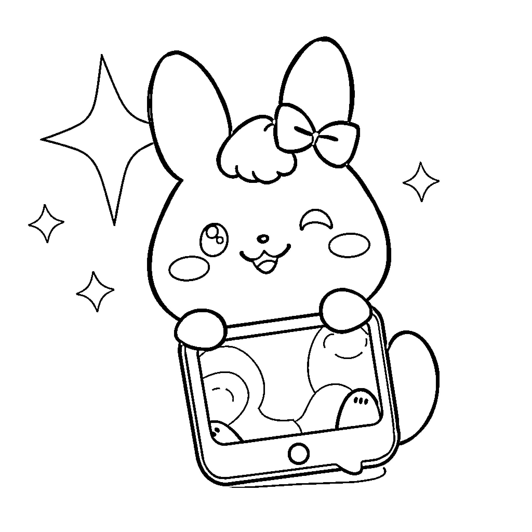 Cinnamoroll taking a selfie with stars Coloring Page (free black-and-white line drawing printable PDF for all, from beginners to advanced learners, including children, teens, adults, and seniors)