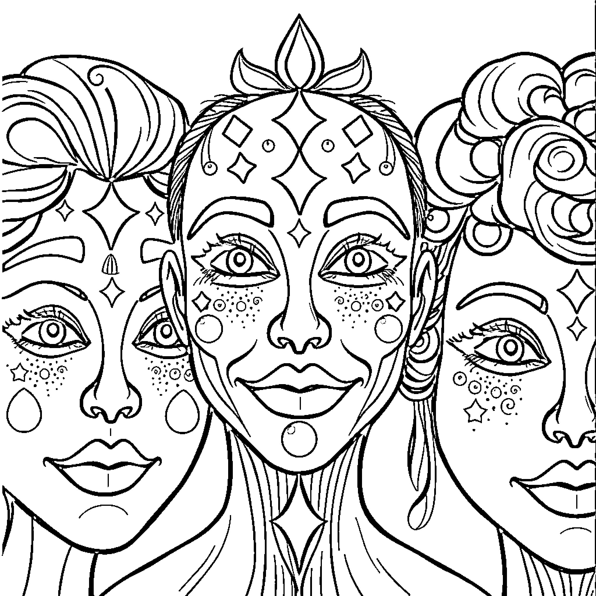 Face of Mystical Beings in Intricate Patterns Coloring Page (free black-and-white line drawing printable PDF for all, from beginners to advanced learners, including children, teens, adults, and seniors)