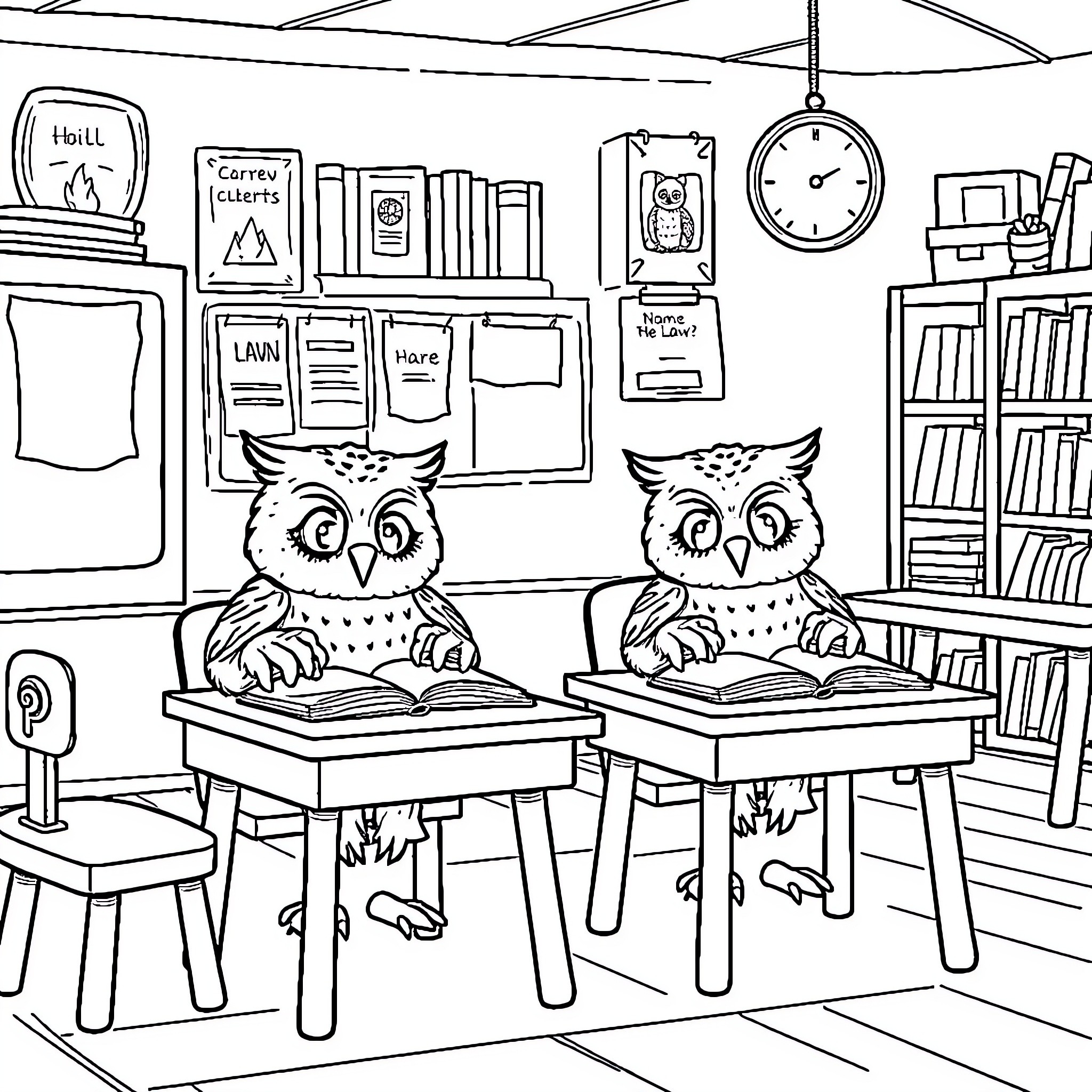 Owlet students studying diligently in the classroom Coloring Page (free black-and-white line drawing printable PDF for all, from beginners to advanced learners, including children, teens, adults, and seniors)