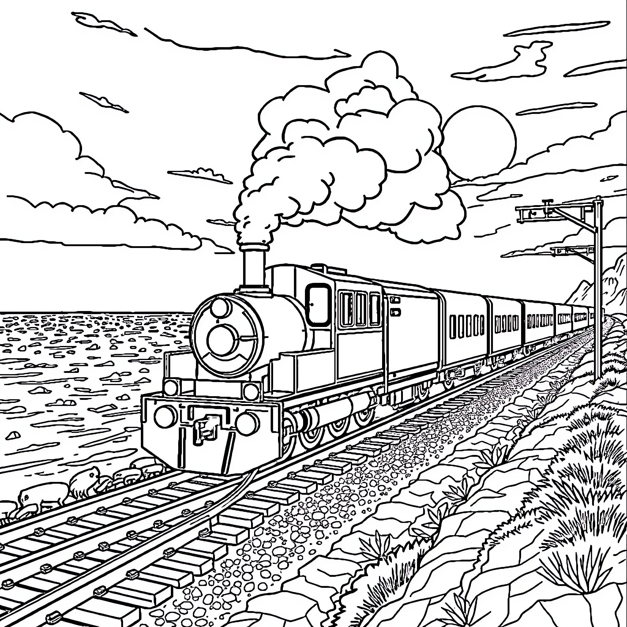 Train traveling through scenic countryside landscape Coloring Page (free black-and-white line drawing printable PDF for all, from beginners to advanced learners, including children, teens, adults, and seniors)